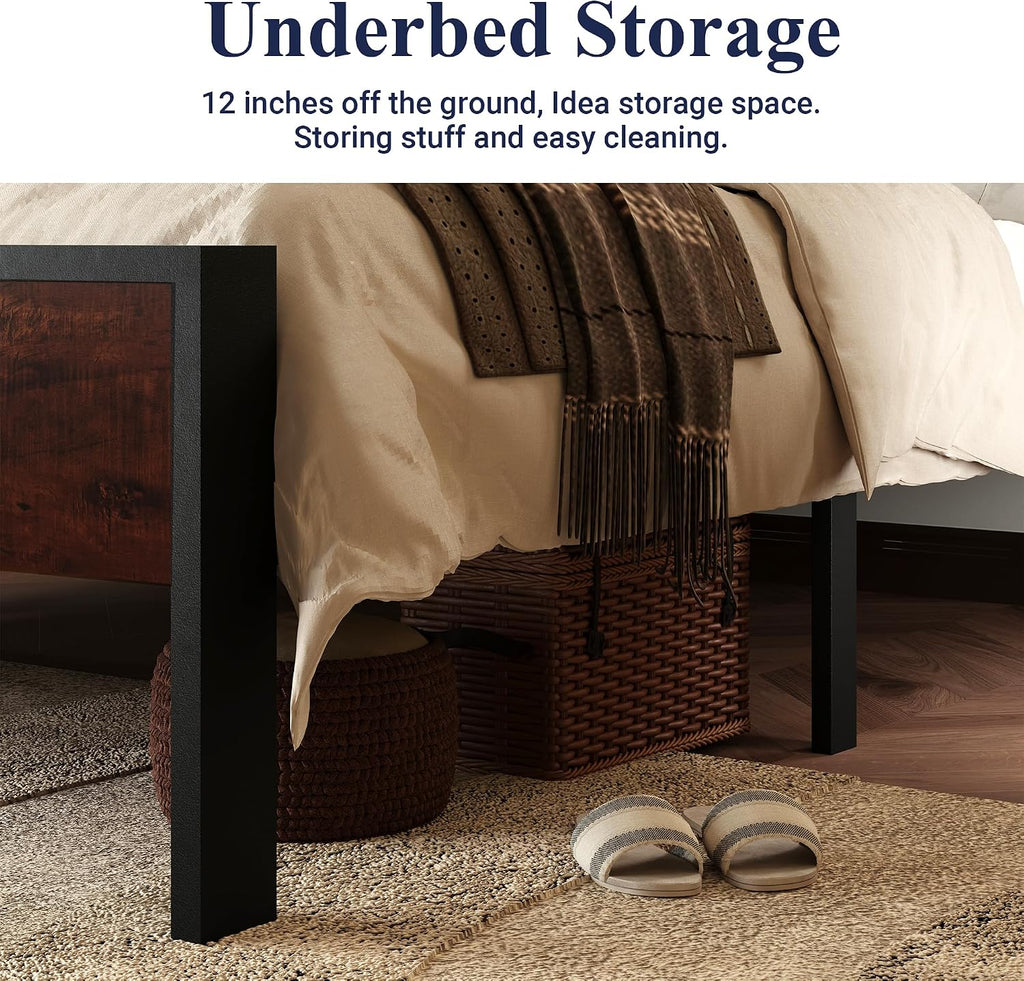 Allewie Queen Size Platform Bed Frame with Wooden Headboard and Footboard, Heavy Duty 12 Metal Slats Support, No Box Spring Needed, Under-Bed Storage, Noise Free, Easy Assembly, Mahogany