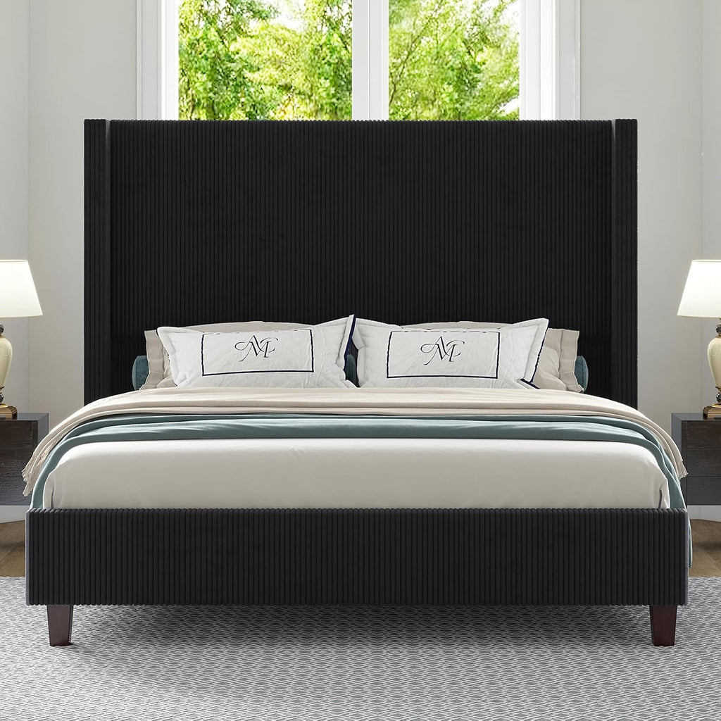 HOWE King Size Bed Frame with 61.4' Extra Tall Headboard, Corduroy Upholstered Bed with Vertical Wingback Headboard, No Box Spring Needed/Noise Free/Solid Wood Slats & Legs/Black