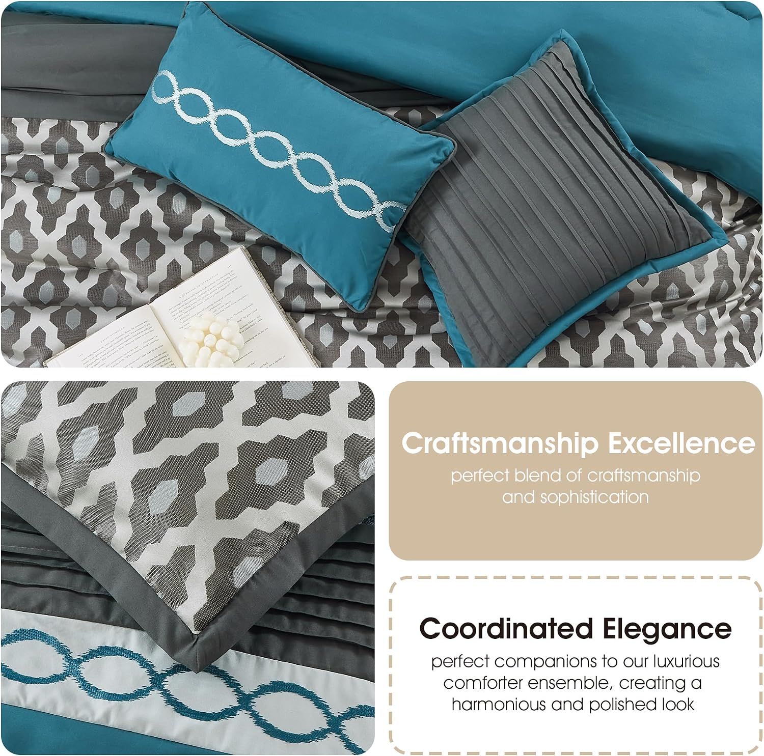 Stratford Park Geometirc California King Blue Comforter Set, 12 Piece, Jacquard Bedding Comforters & Sets, Bedskirt, Pillows, Euro Shams & Curtains Ultra-Soft