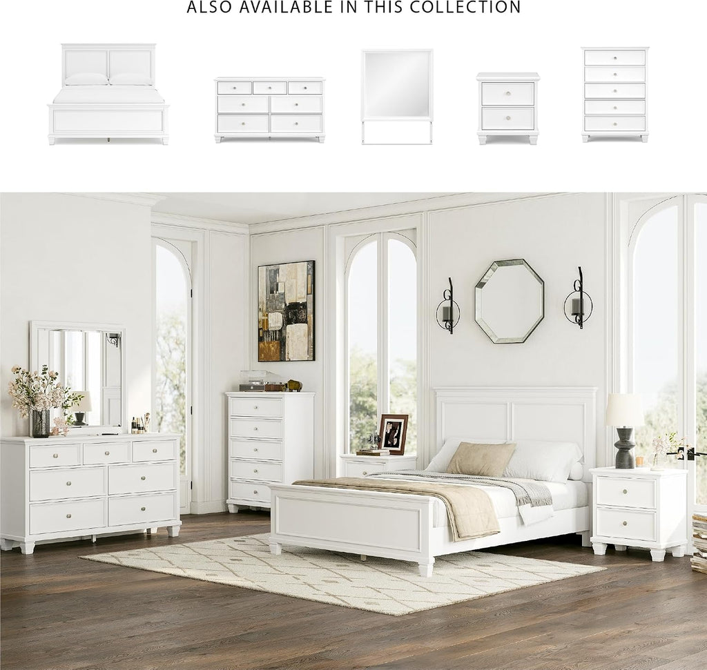Signature Design by Ashley Fortman Transitional Queen Panel Bed with Tapered Feet, Foundation or Box Spring Needed, White