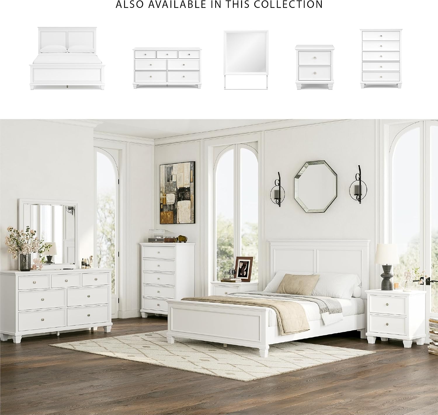 Signature Design by Ashley Fortman Transitional Queen Panel Bed with Tapered Feet, Foundation or Box Spring Needed, White