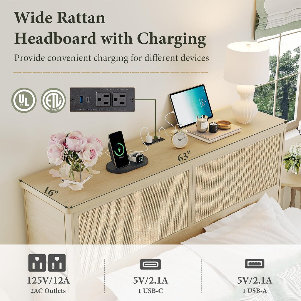 Yechen Natural Rattan Queen Bed Frame with Storage, 10 Drawers & Storage Headboard with Charging Station, Boho Rattan Wood Bed Frame with Metal Frame, Noise Free, No Box Spring Needed