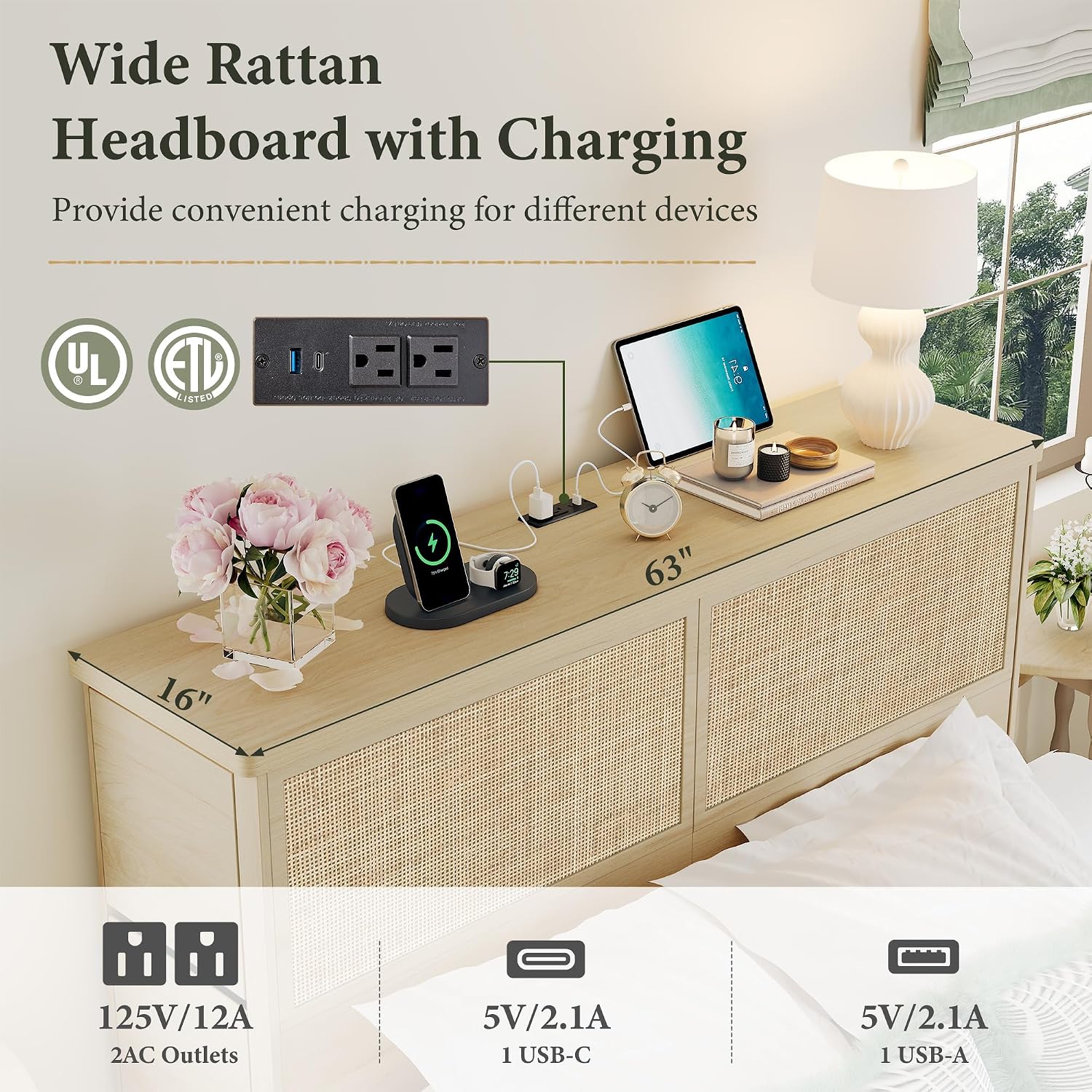 Yechen Natural Rattan Queen Bed Frame with Storage, 10 Drawers & Storage Headboard with Charging Station, Boho Rattan Wood Bed Frame with Metal Frame, Noise Free, No Box Spring Needed