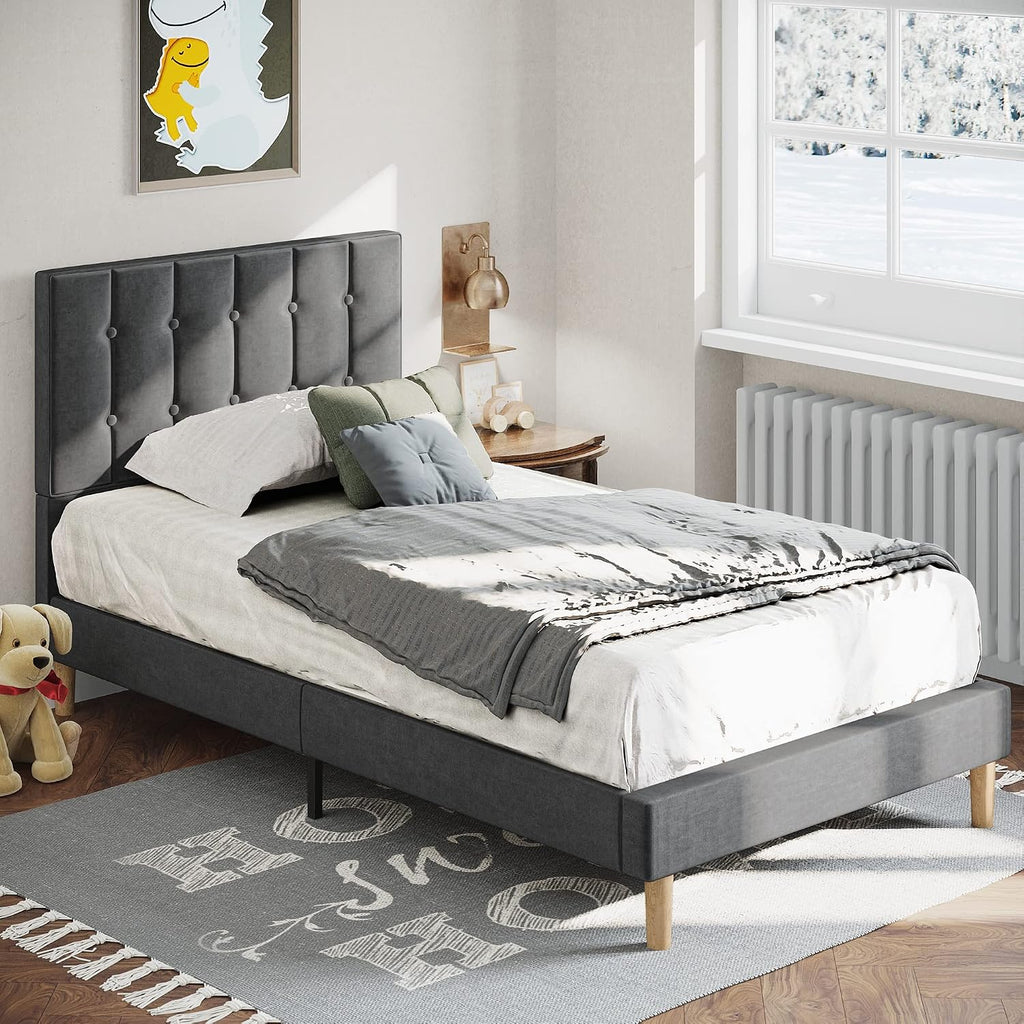 LIKIMIO Twin Bed Frames, Velvet Upholstered Platform Bed Frame with Headboard and Strong Wooden Slats, No Box Spring Needed/Noise-Free/Easy Assembly, Grey