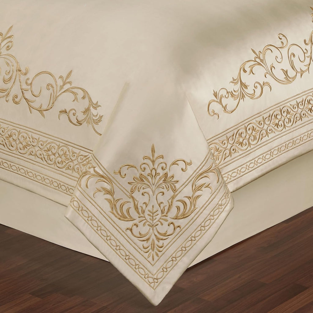 Touch of Class Versailles Luxury Bedding | Classic Neutral Pearl | Palace-Inspired French Style Golden Scrollwork Embroidery on Sateen 4 Piece Set: Queen Comforter, Bedskirt & 2 Standard Shams