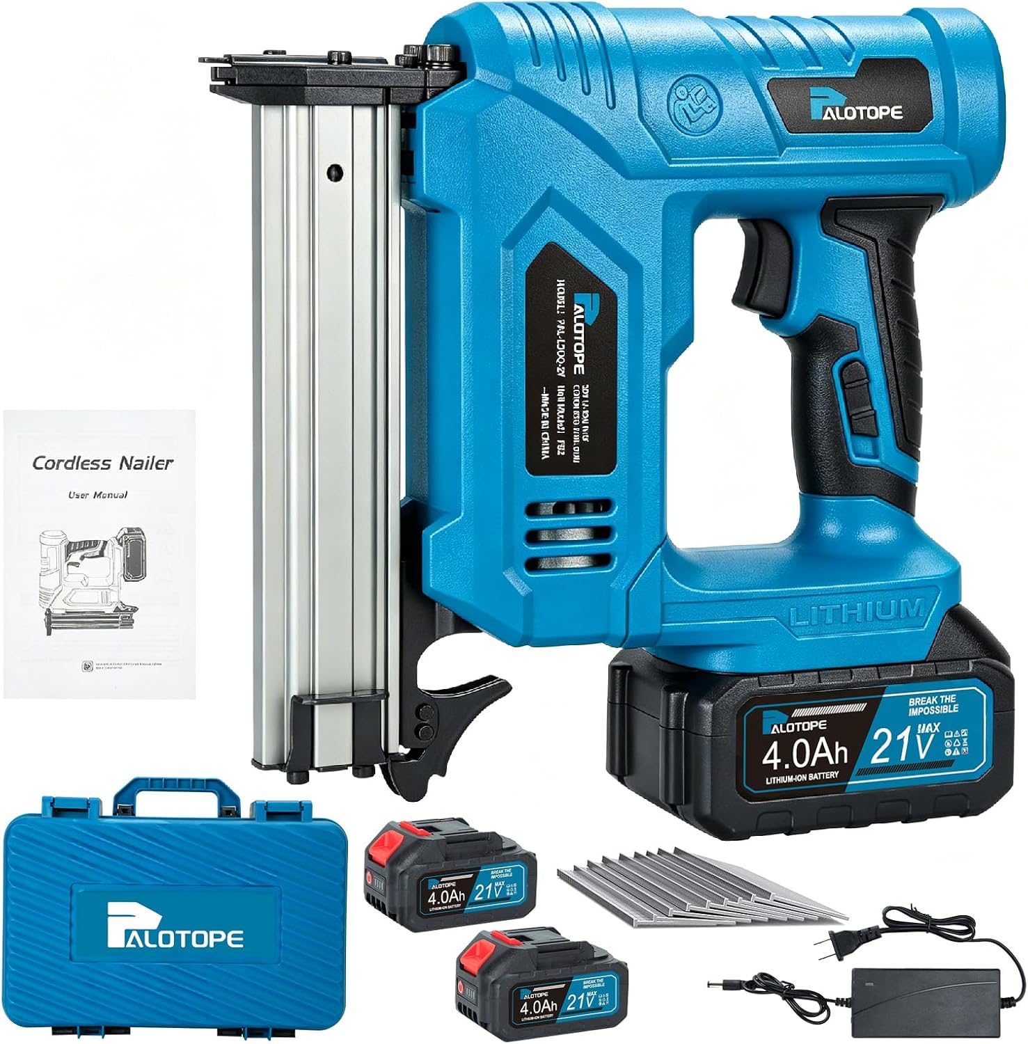 18 Gauge 21V Cordless Brad Nailer，Power Nailers with 2 x 4.0Ah Battery,Pistola De Clavos with 1200 Nails,2 Firing Modes,for Home Improvement,DIY, Woodworking