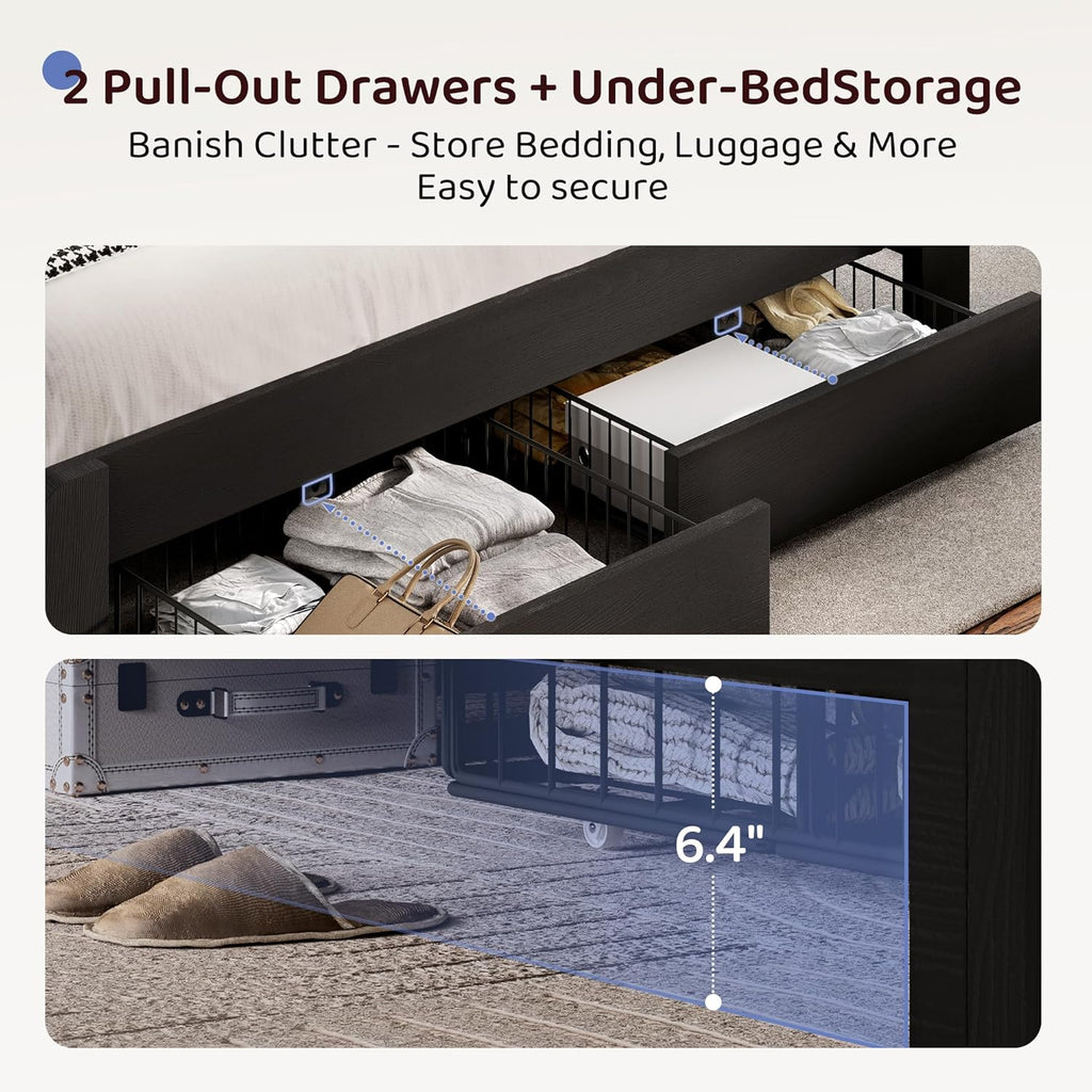 BRELTAM Queen Size Bed Frame with Storage Drawers Upholstered Bed with 2-Tier Storage Headboard and LED Light&Charging Station,Metal Platform Bed Frame Queen Size,Noise Free,No Box Spring Needed,Black
