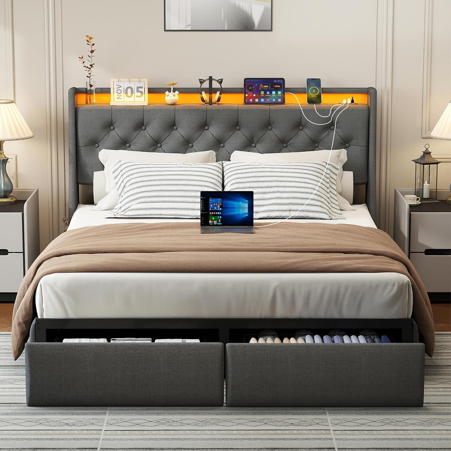 Doltoro Full Size Bed Frame with Headboard and 2 Storage Drawers, Upholstered Wingback Full Size Platform Bed Frame with Charging Station & LED, Noise Free, No Box Spring Needed, Easy Assembly, Gray