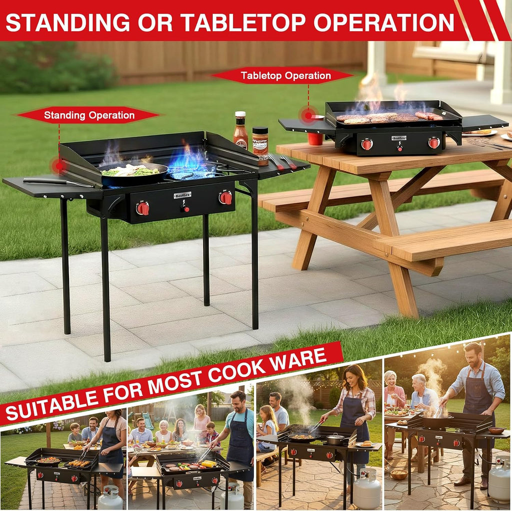 Bestfire 2 Burner Camping Stove with Windscreen& Side Shelves, Bag, Auto Ignition Button,Regulator,150,000 BTU High Pressure Camping Stove Propane Burner With Removable Legs for Outdoor BBQ&Backyard