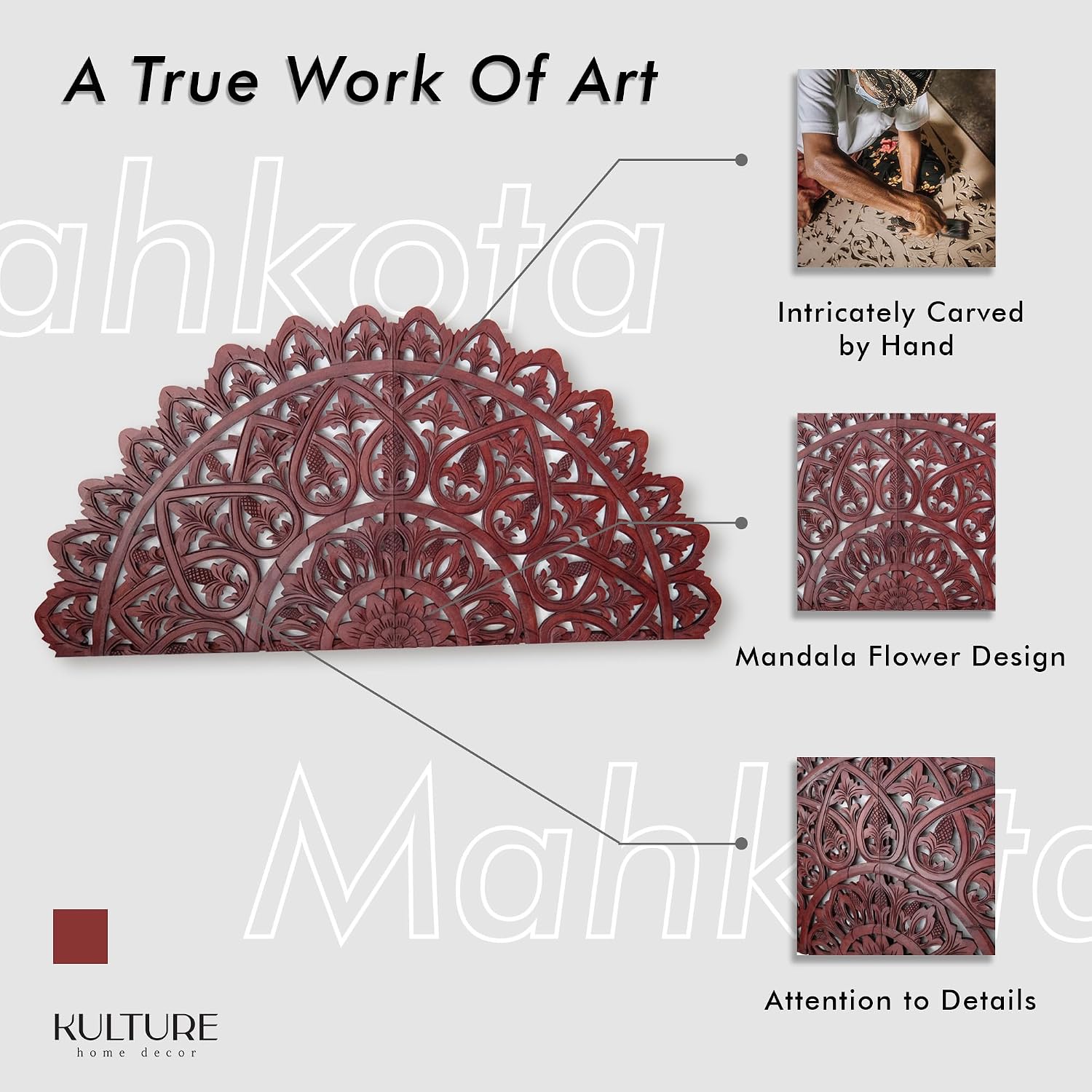 King Bed Headboard 72x36 in, Mahkota Brown Hand Carved Panels, Made in Bali Indonesia, Wall Mount or Behind Bed, 2 Panel Set
