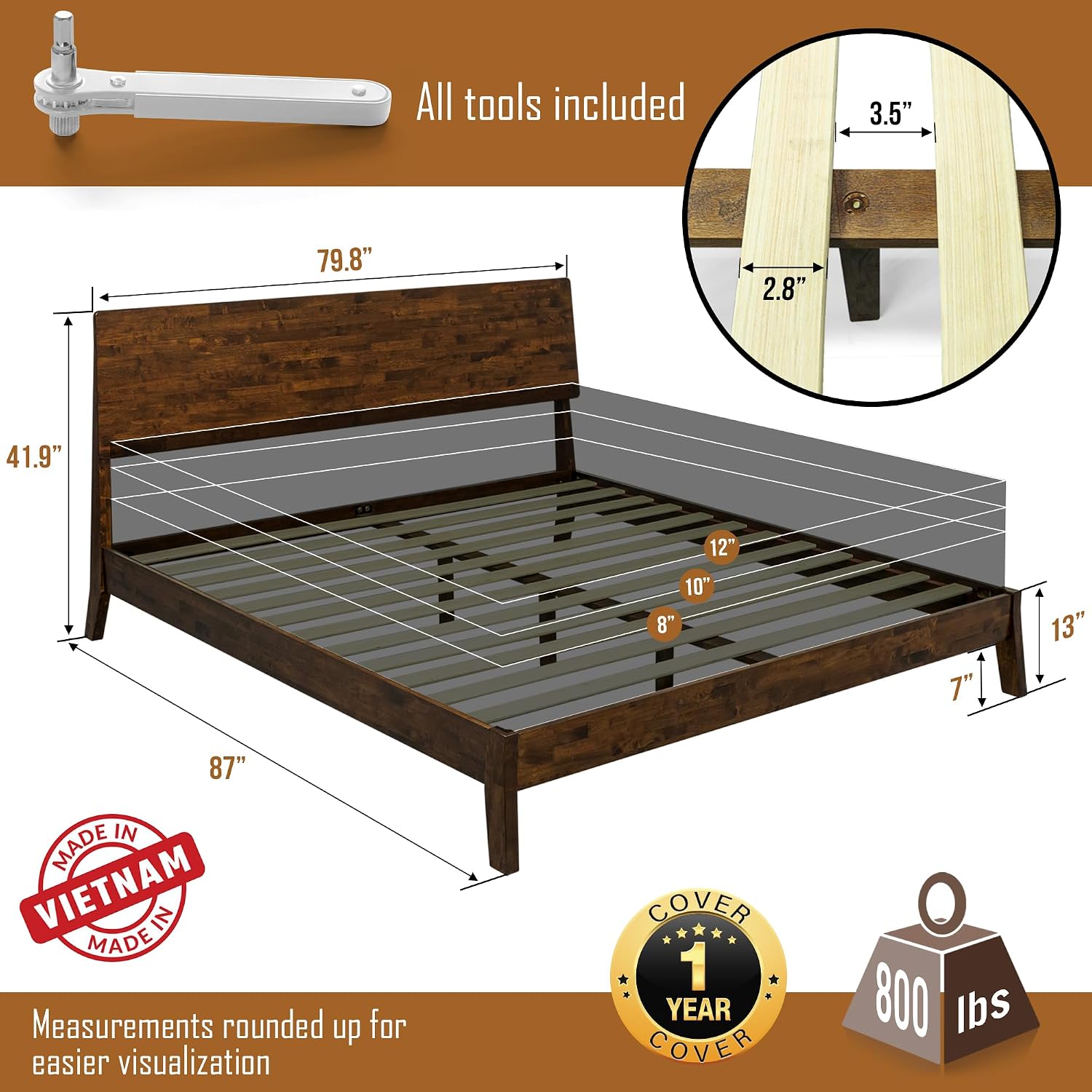 Acacia Serenity King Size Bed Frame, King Bed Frame with Headboard 800 lbs Capacity Natural Wood Bed All Mattress Support & No Box Spring Needed, Wood Slats Support Wooden BedFrame King, Walnut