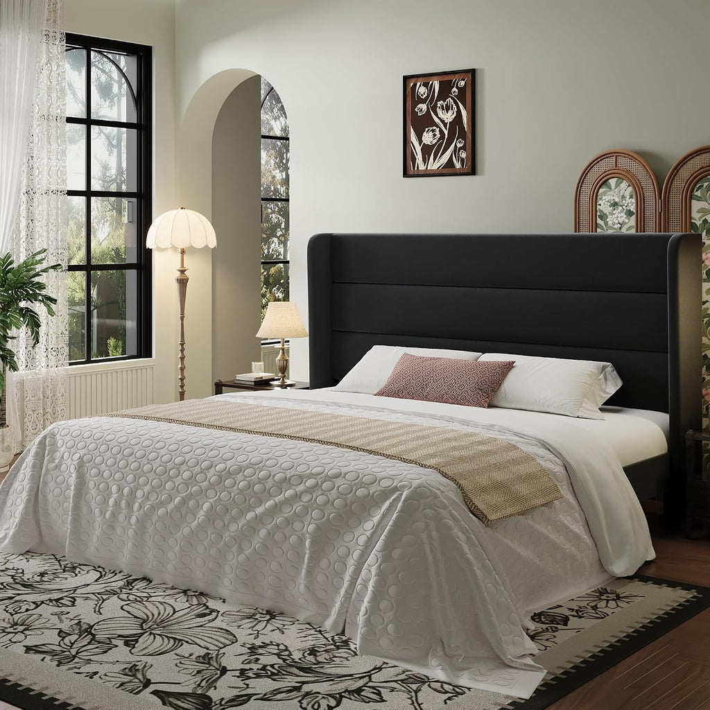 SHA CERLIN King Size Velvet Bed Frame with Wingback Headboard/Upholstered Platform Bed with Wooden Slats/Mattress Foundation/No Box Spring Needed/Easy Assembly/Black