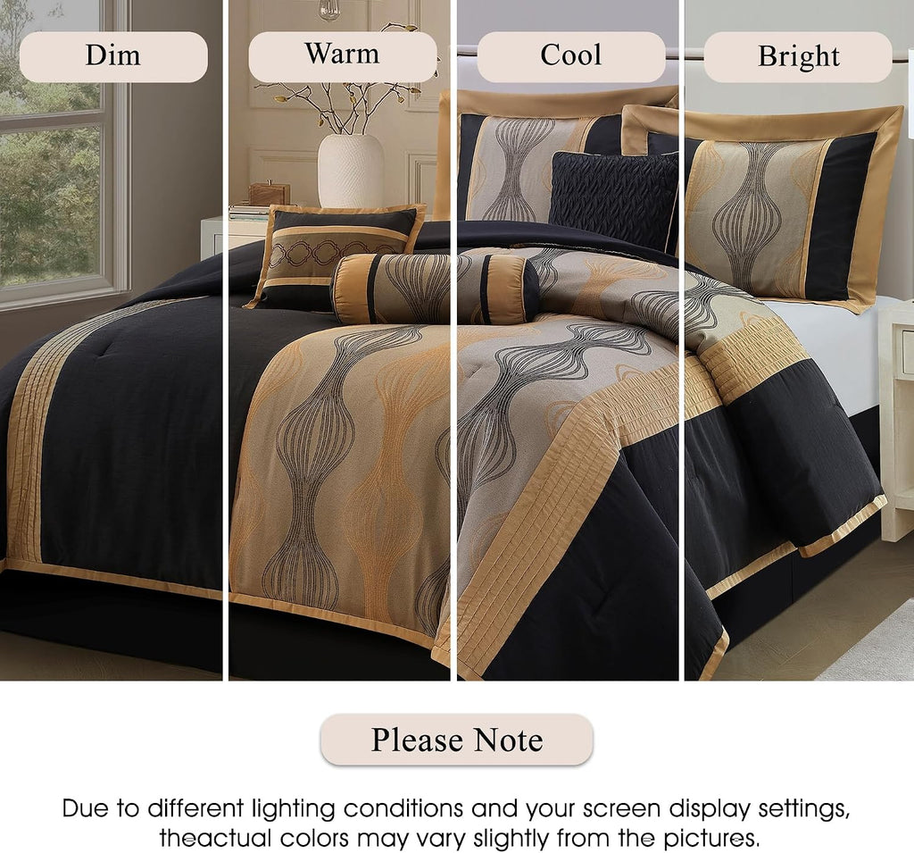 Stratford Park Black King Size Comforter Set, 7 Pieces Jacquard Bedding Sets with Comforter, Bed Skirt, Pillows & Shams, Lightweight Microfiber, Black and Gold, All Season Bedroom Home Décor