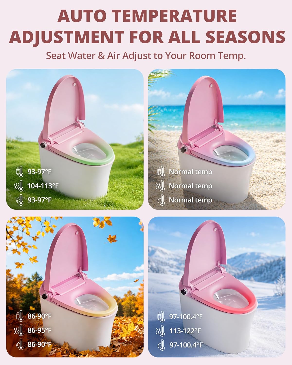 CANEST Pink Smart Toilet with Bidet Built In, ADA Comfort Height Bidet Toilet with Tank, Auto Open&Close Lid, Adaptive Heated Seat Warm Water Dryer, Foot Sensor, 1000g MAP Flush, Remote Control