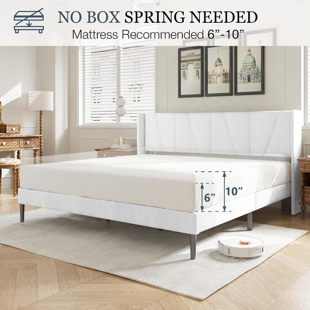 HAOARA King Bed Frame with Headboard, Velvet Upholstered Platform Bed Frames with Wingboard, Contemporary Mattress Foundation, Noise Free, No Box Spring Needed, Easy Assembly, White