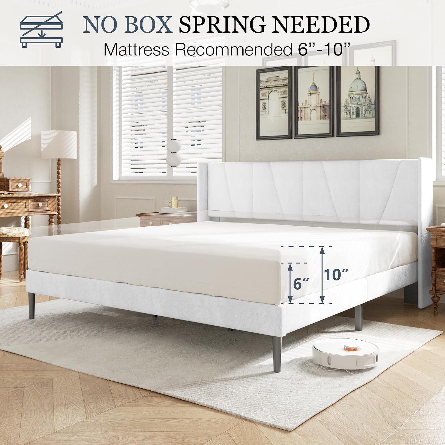 HAOARA King Bed Frame with Headboard, Velvet Upholstered Platform Bed Frames with Wingboard, Contemporary Mattress Foundation, Noise Free, No Box Spring Needed, Easy Assembly, White
