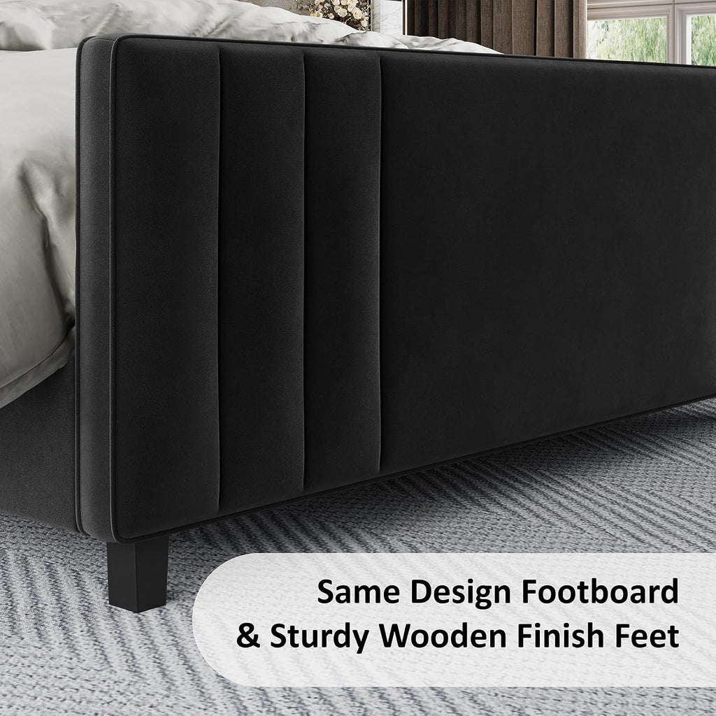 Albott King Size Platform Bed Frame, Upholstered Bed with Vertical Channel Tufted Wingback Headboard & Footboard, Premium Velvet, No Box Spring Needed, Black