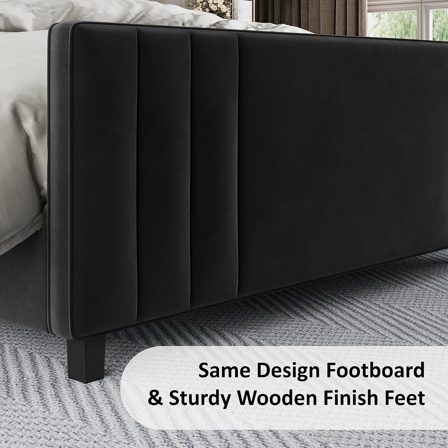 Albott King Size Platform Bed Frame, Upholstered Bed with Vertical Channel Tufted Wingback Headboard & Footboard, Premium Velvet, No Box Spring Needed, Black