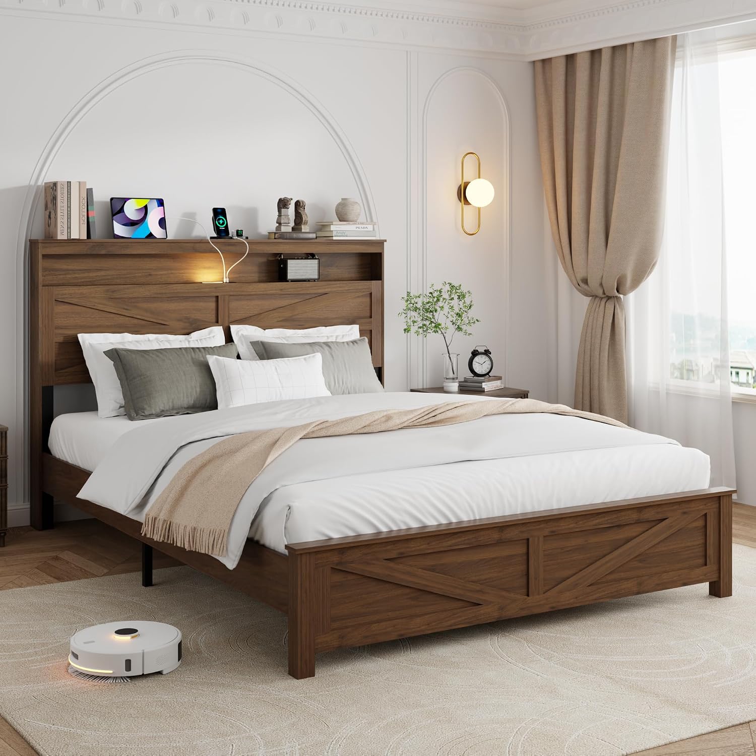 Queen Size Bed Frame with Headboard, Rustic Farmhouse Wood Bed Frame with LED Lights and Charging Station, Easy Assembly, No Box Spring Needed (Dark Brown, Queen)