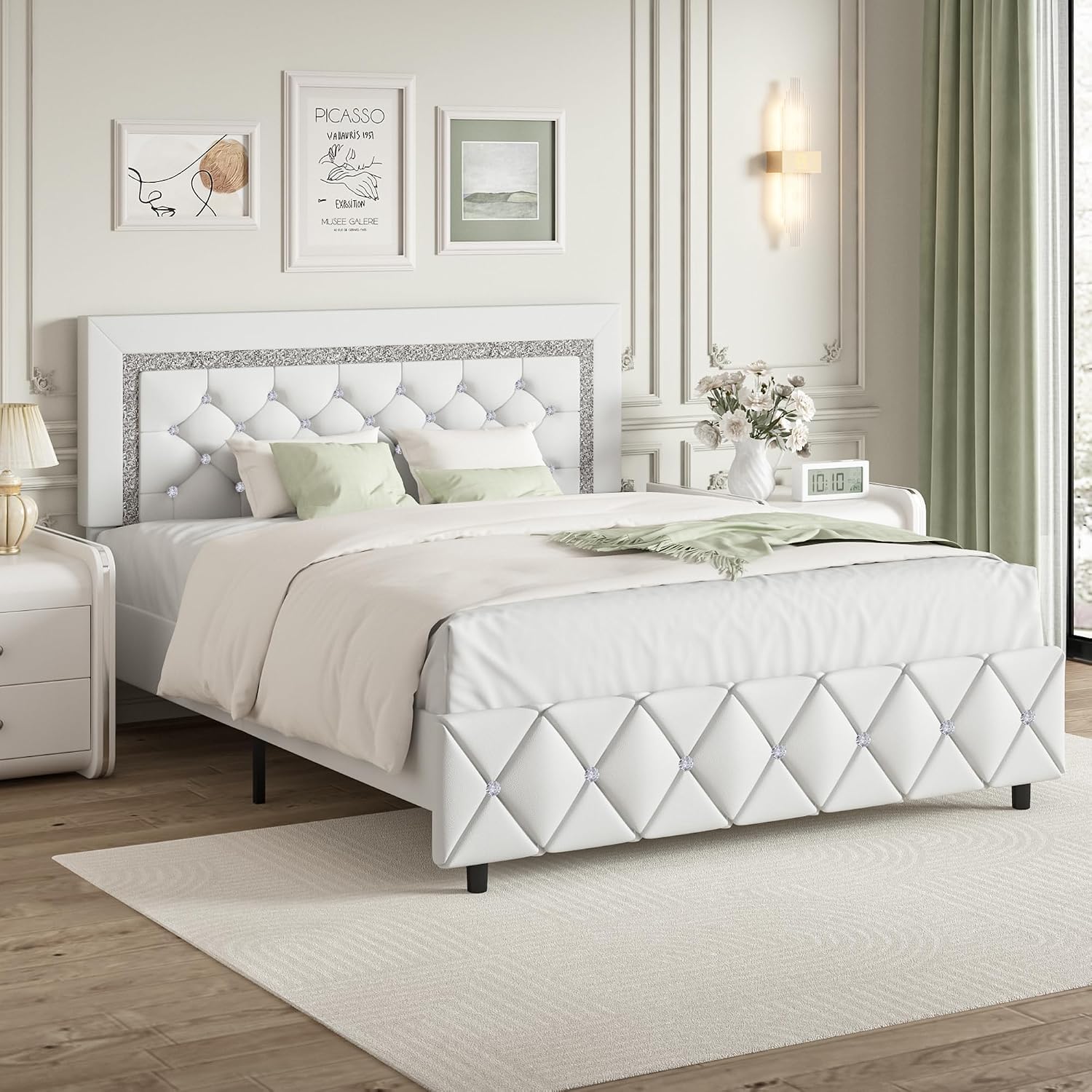BarnFurin Full Size Bed Frame, Upholstered Platform Bed with Button Tufted Headboard, Princess Platform Bed with Diamond Design, Wooden Slats Support, No Box Spring Required, Easy Assembly, White