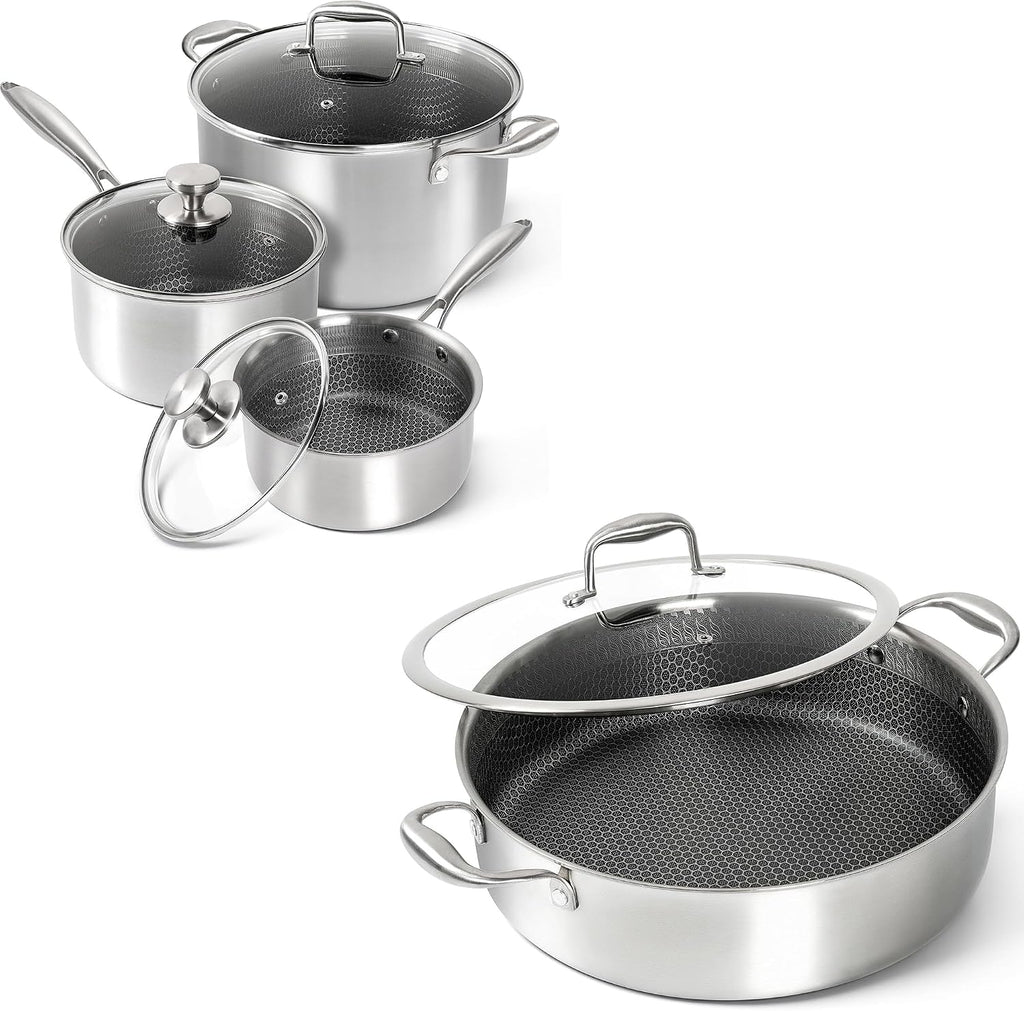 MICHELANGELO 6 Pcs Tri-ply Stainless Steel Pot Set, 2QT & 3QT & 8QT Pot with Lids,Tri-ply Stainless Steel Saute Pan 6 Quart, Deep Frying Pan with Lid