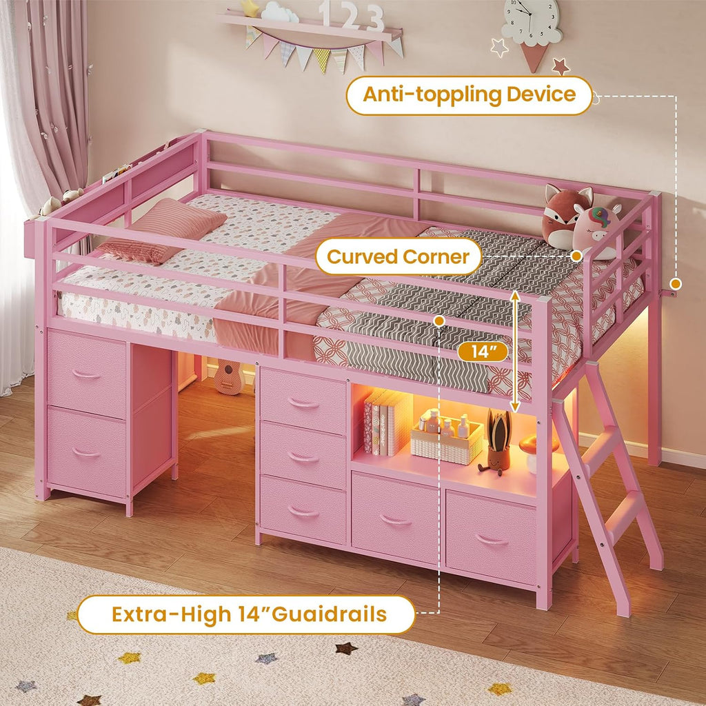 ADORNEVE Low Loft Bed Twin Size with 7 Storage Drawers, Bookcase and LED Lights, Metal Kids Loft Bed with 14' H Safety Guardrail,Inclined Ladder and Play Curtain, Under-Bed Play Space,Pink