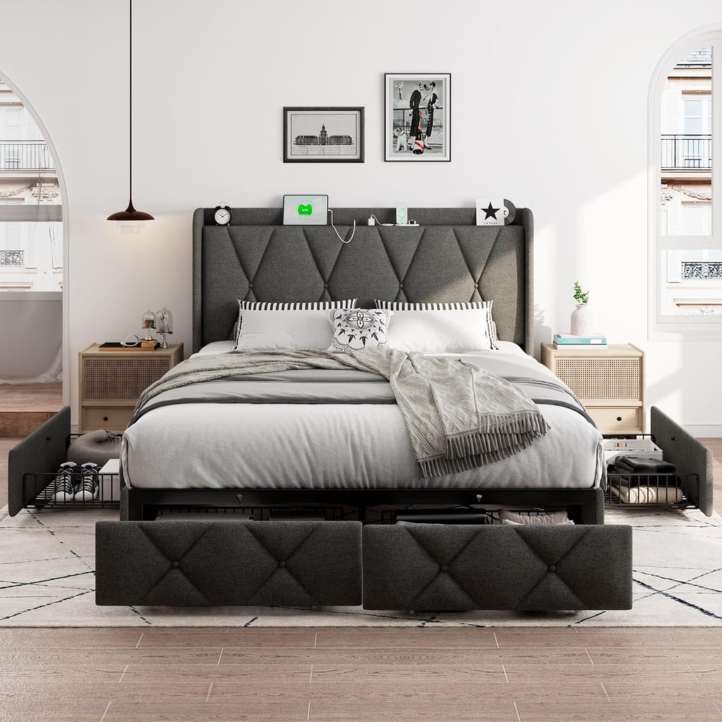 iPormis Full Size Bed Frame with 4 Storage Drawers, Upholstered Platform Bed Frame with Charging Station, Modern Wingback Storage Headboard, Easy Assembly, Dark Grey