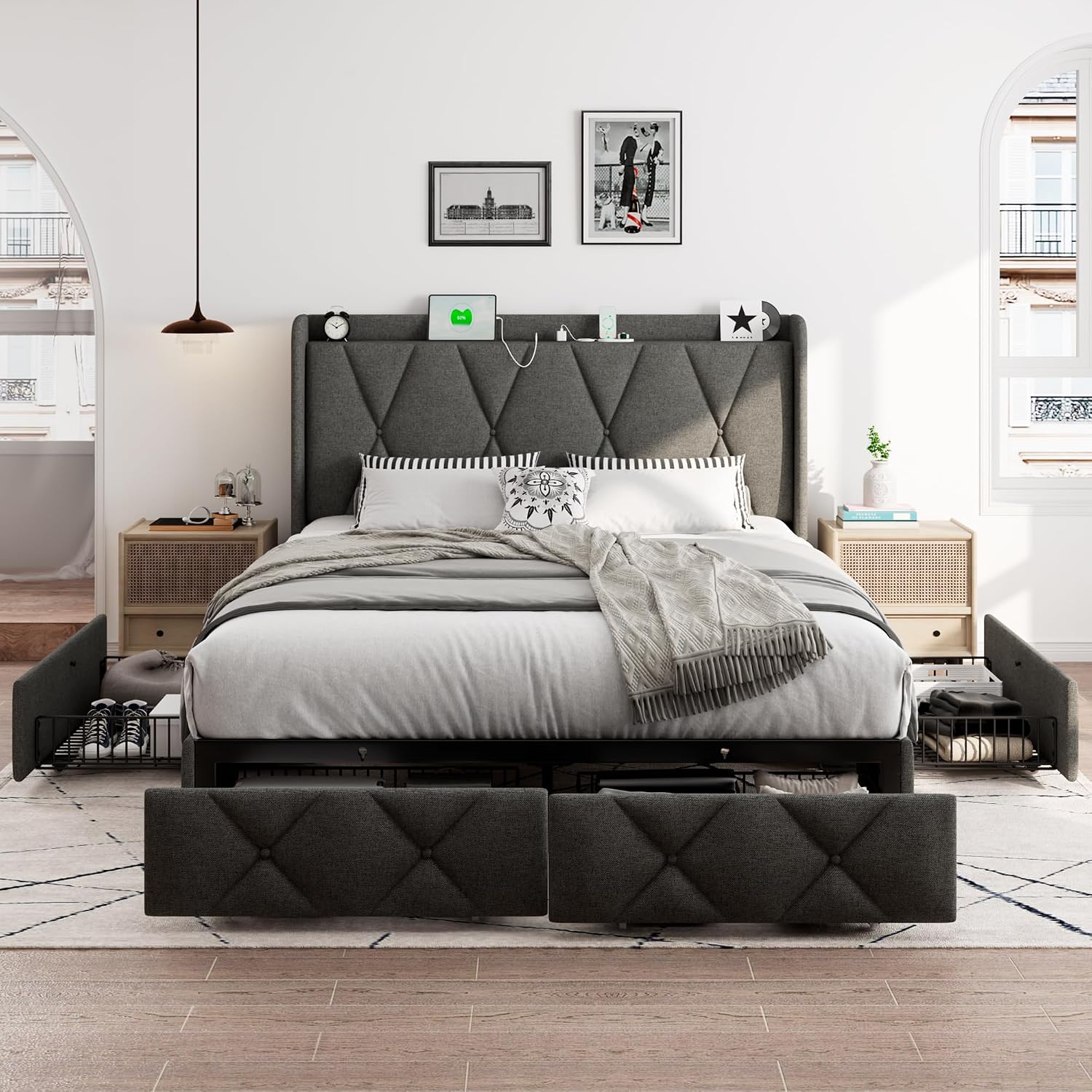 iPormis Full Size Bed Frame with 4 Storage Drawers, Upholstered Platform Bed Frame with Charging Station, Modern Wingback Storage Headboard, Easy Assembly, Dark Grey