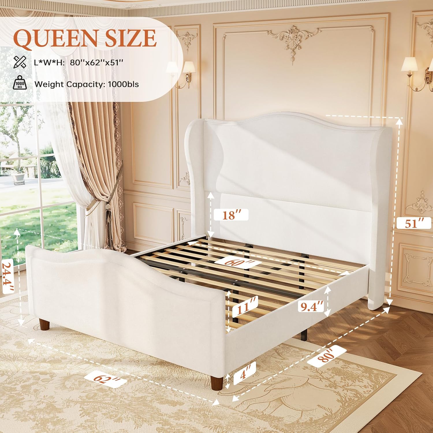 koorlian Queen Bed Frame Chenille Upholstered Platform Bed with Headboard and Footboard, 51' High Deep Tufted Wingback Sleigh Upholstered Bed, Modern Retro Minimalist Style, Easy Assembly, Cream