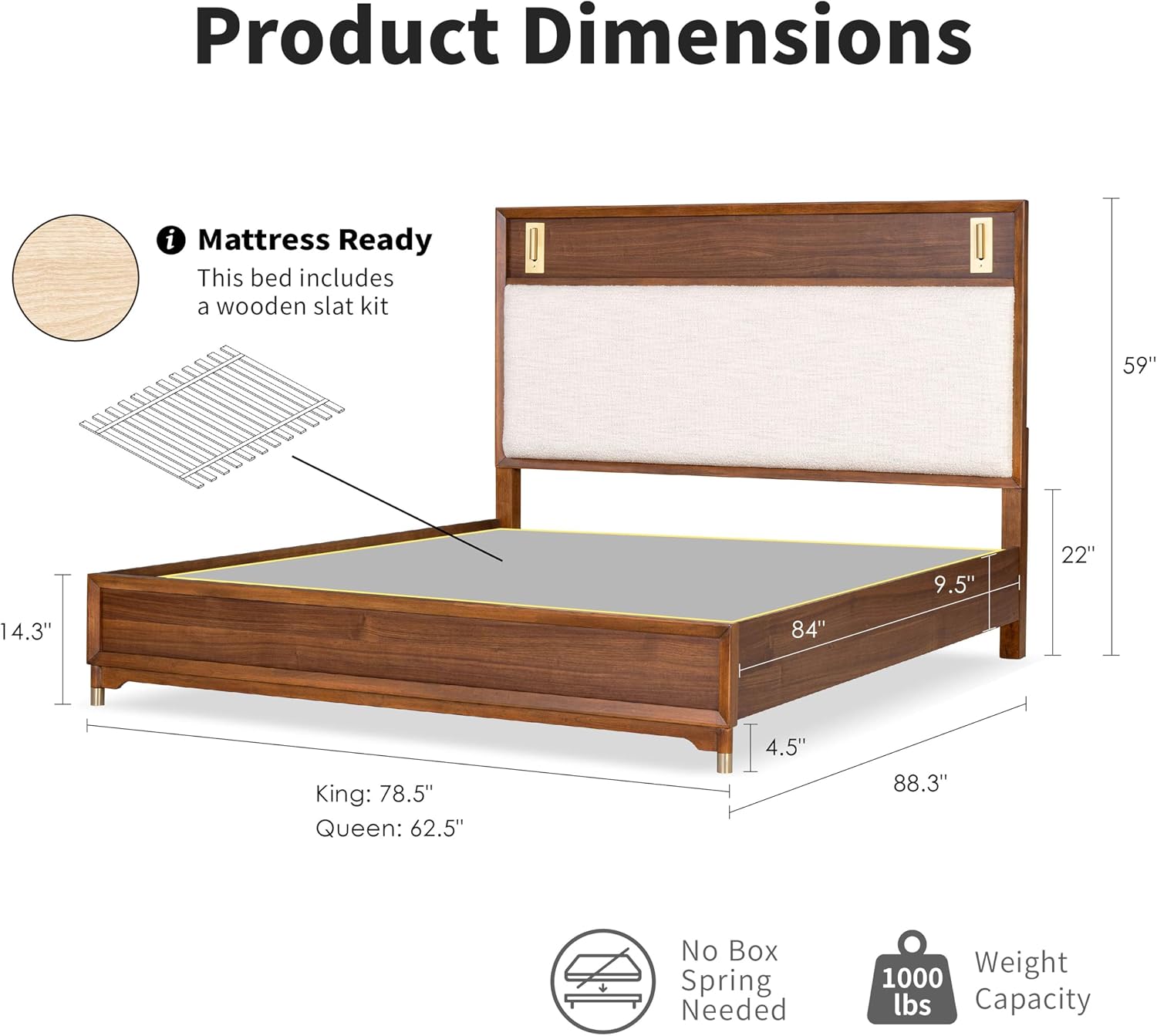 Furniture of America Forma Modern Solid Wood 4-Piece Bedroom Set with Upholstered Bed with LED Lights, Ball-Bearing Glide on Nightstand and Dresser with Mirror, No Box Spring Needed, King, Walnut