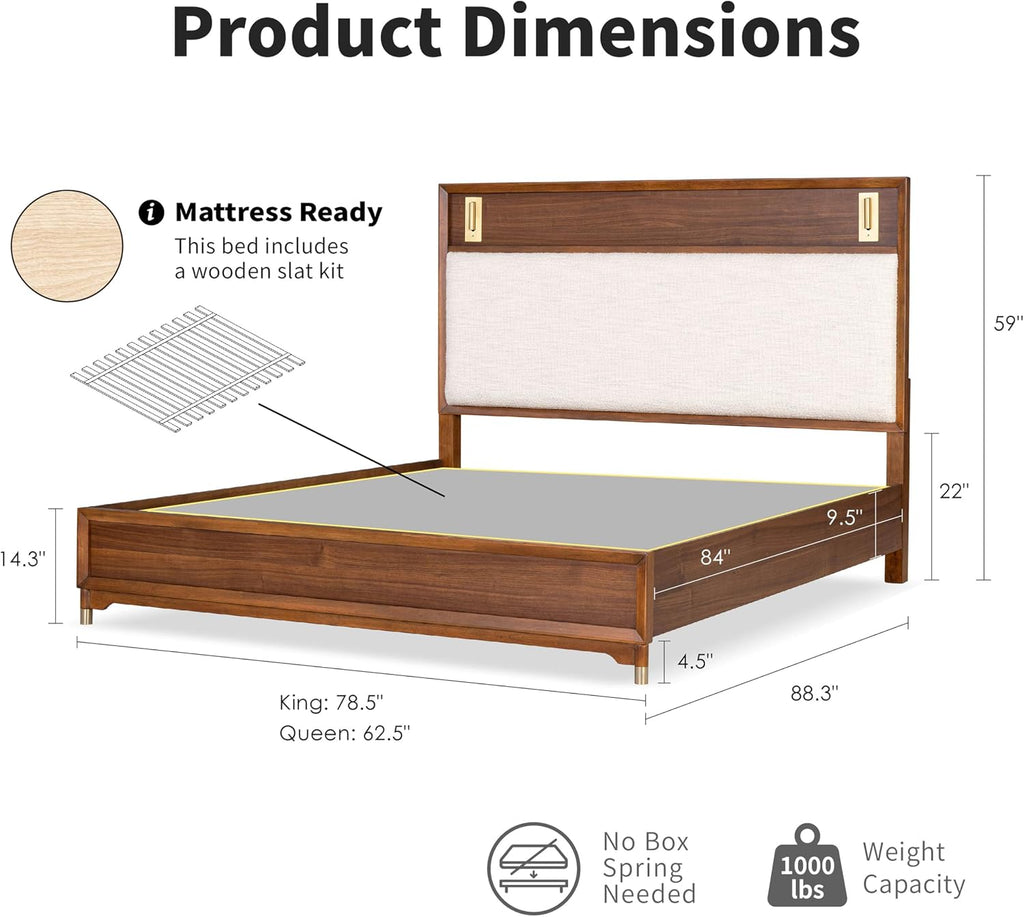 Furniture of America Forma Modern Solid Wood 4-Piece Bedroom Set with Upholstered Bed with LED Lights, Ball-Bearing Glide on Nightstand and Dresser with Mirror, No Box Spring Needed, Queen, Walnut