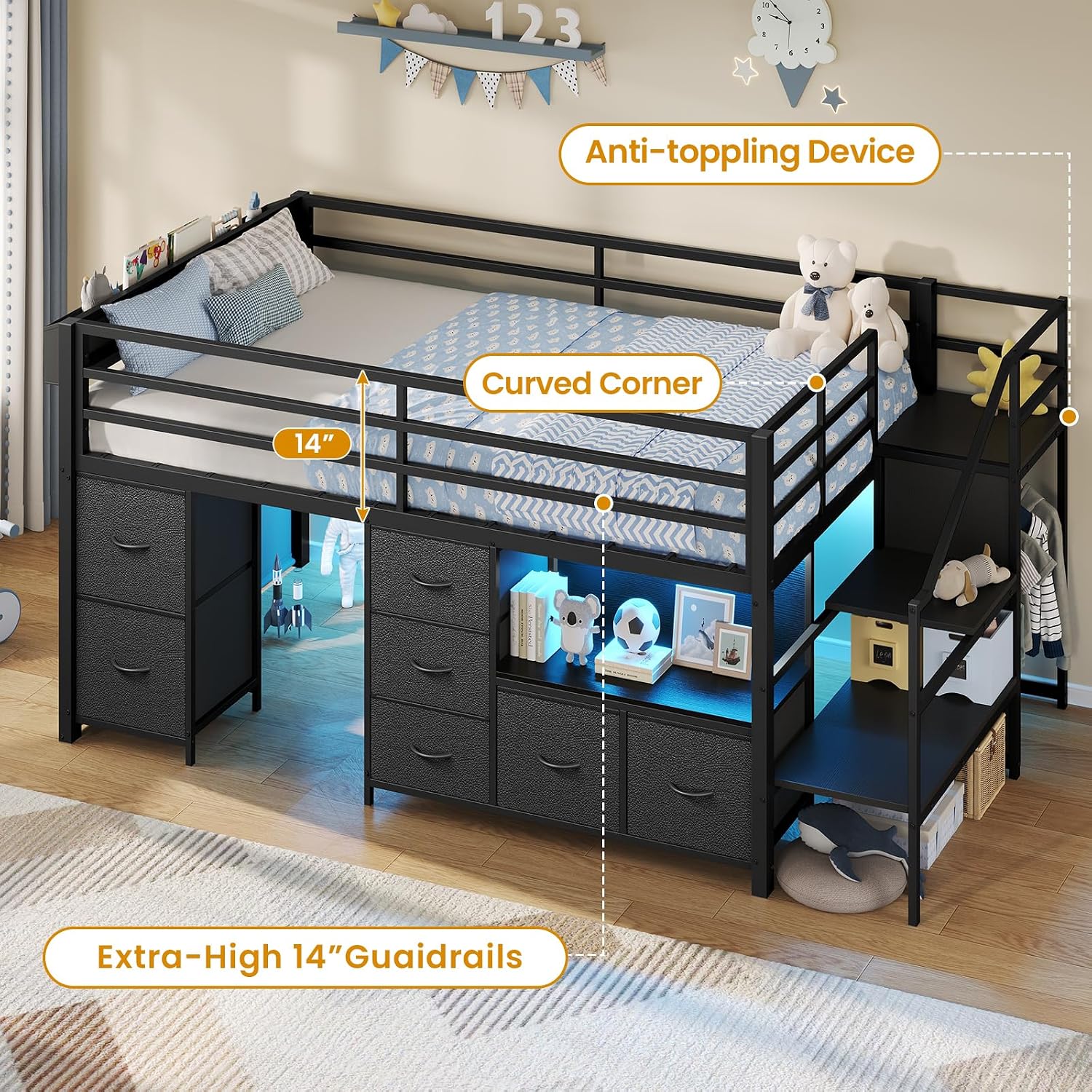 ADORNEVE Low Loft Bed Twin Size with Stairs,7 Drawers, Bookcase and LED Lights, Metal Kids Loft Bed with 14' H Safety Guardrail,Inclined Ladder and Play Curtain, Under-Bed Play Space, Black