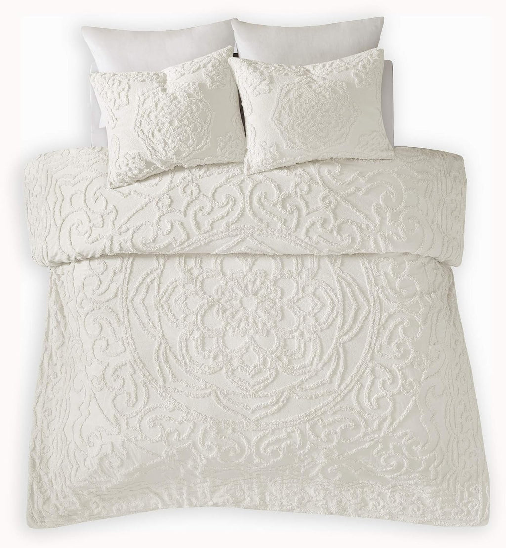 Madison Park Laetitia Comforter Bohemian Tufted Cotton Chenille, Medallion Shabby Chic All Season Down Alternative Bed Set with Matching Shams, Floral Off White King/Cal King(104'x92') 3 Piece