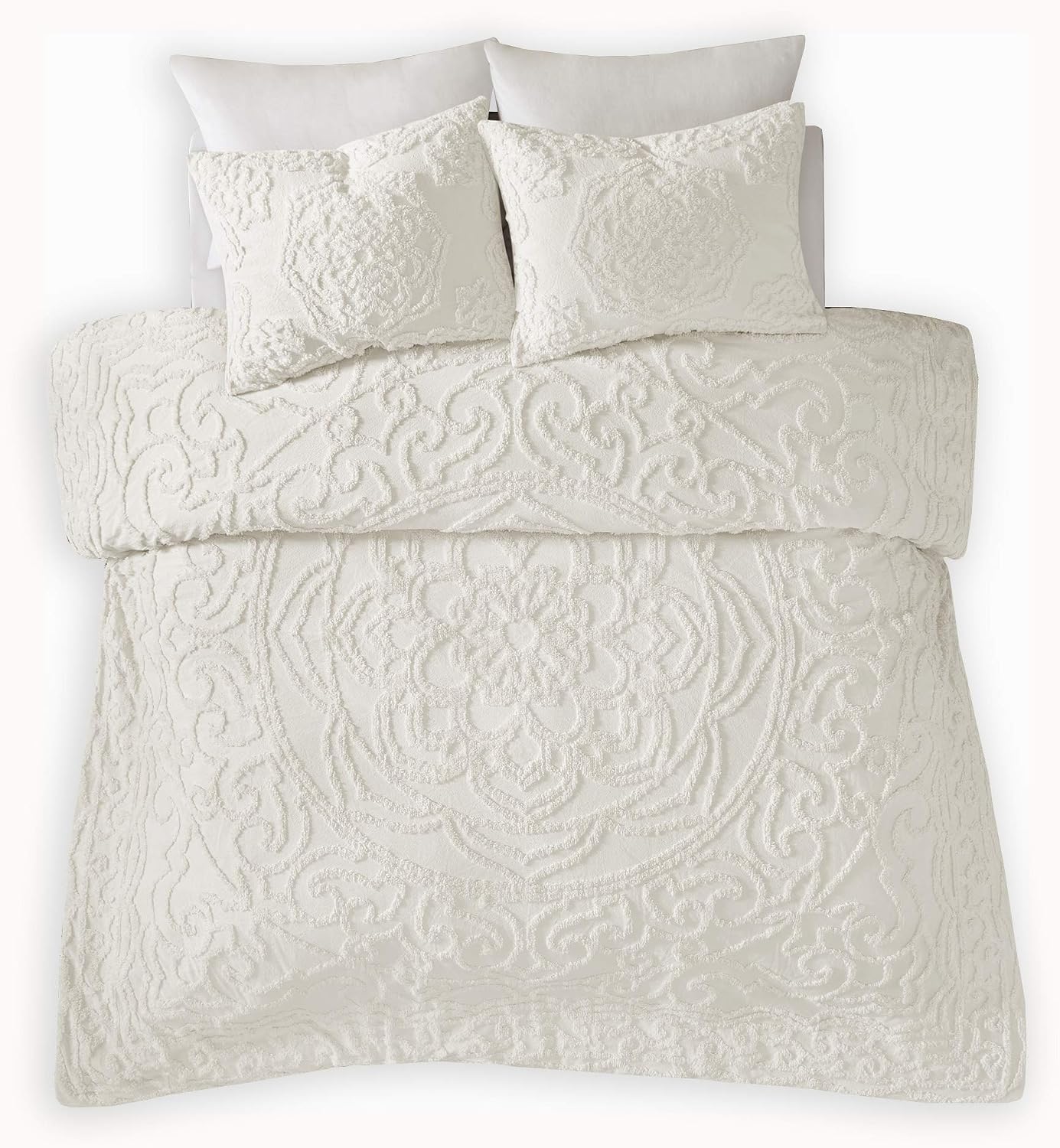 Madison Park Laetitia Comforter Bohemian Tufted Cotton Chenille, Medallion Shabby Chic All Season Down Alternative Bed Set with Matching Shams, Floral Off White King/Cal King(104'x92') 3 Piece