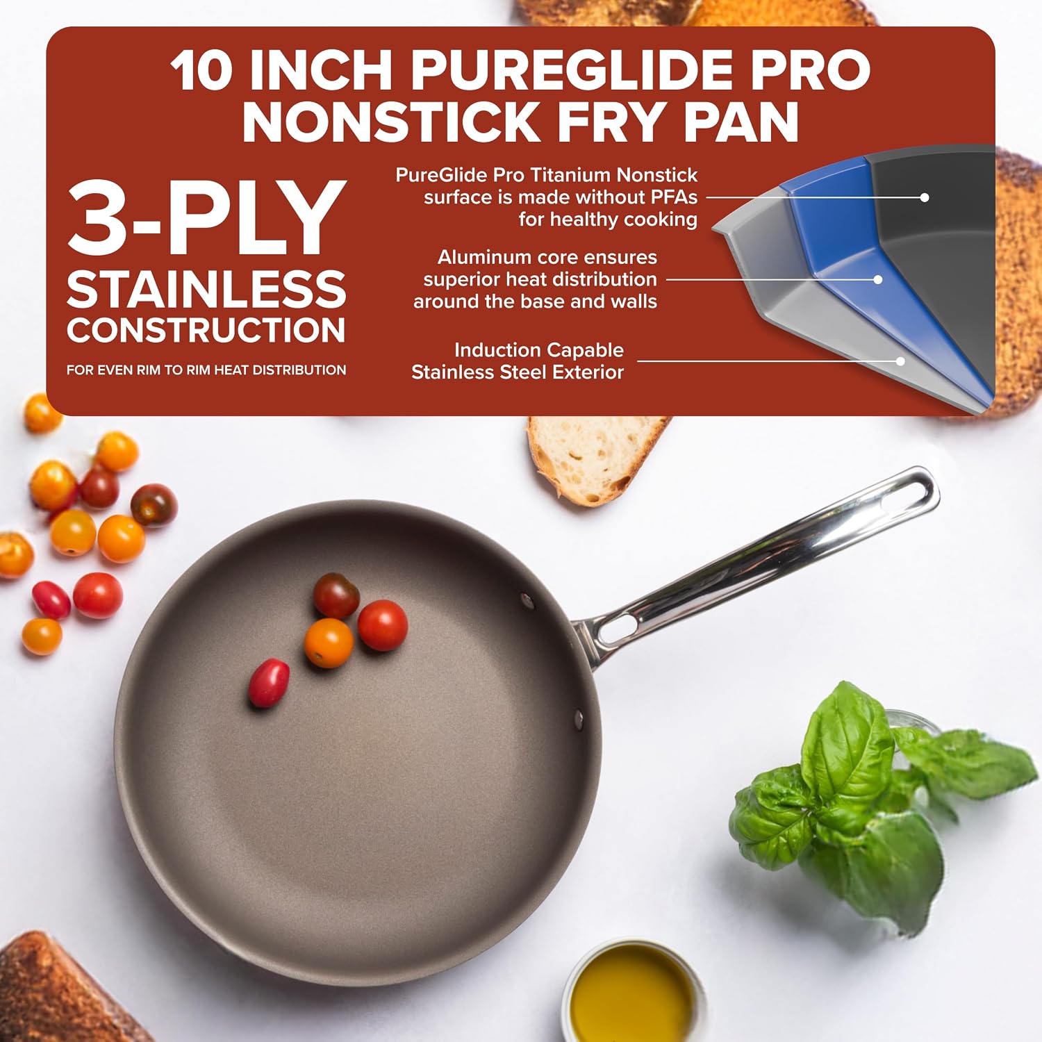 Viking PureGlide Pro 3-Ply Nonstick Frying Pan, Made without PFAS, 10-Inch Induction Cookware, Metal Utensil Safe Titanium Nonstick Surface, Oven Safe to 600F