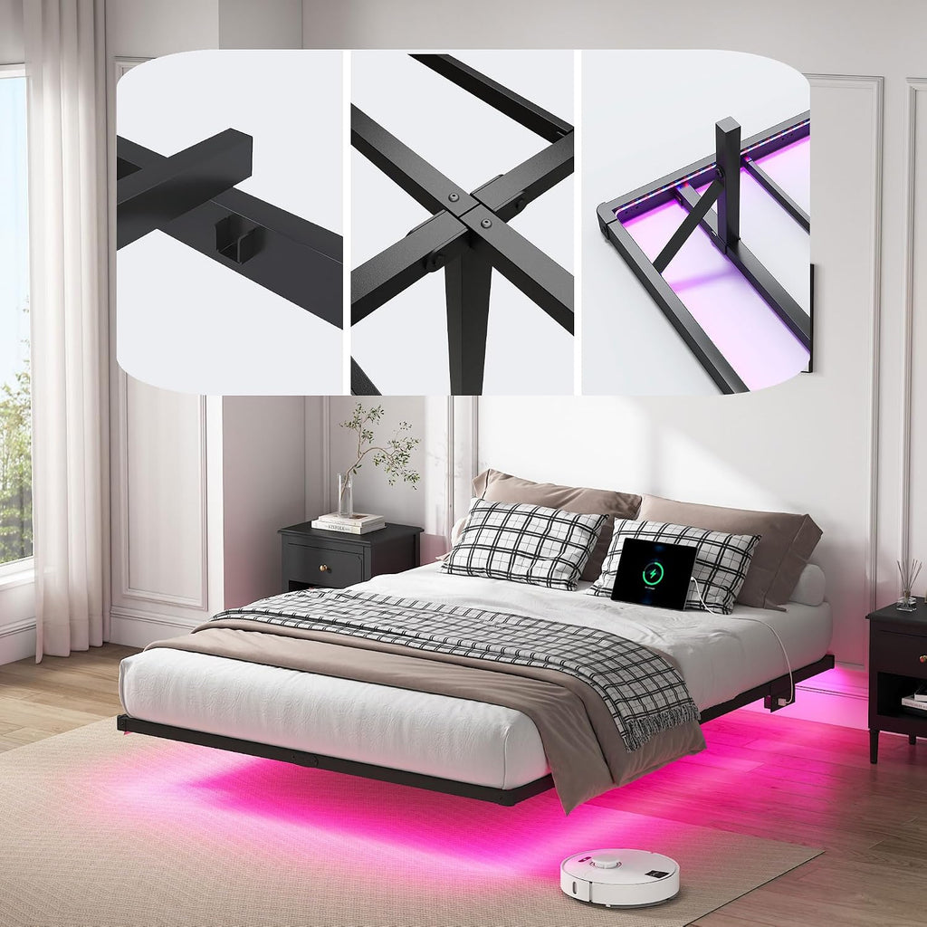 YORMDMO Floating Bed Frame King Size, Heavy Duty Bedframe with Smart LED Lights & Charging Station, Modern Metal Platform Bed, Easy Assembly No Box Spring Needed, 10 Inch