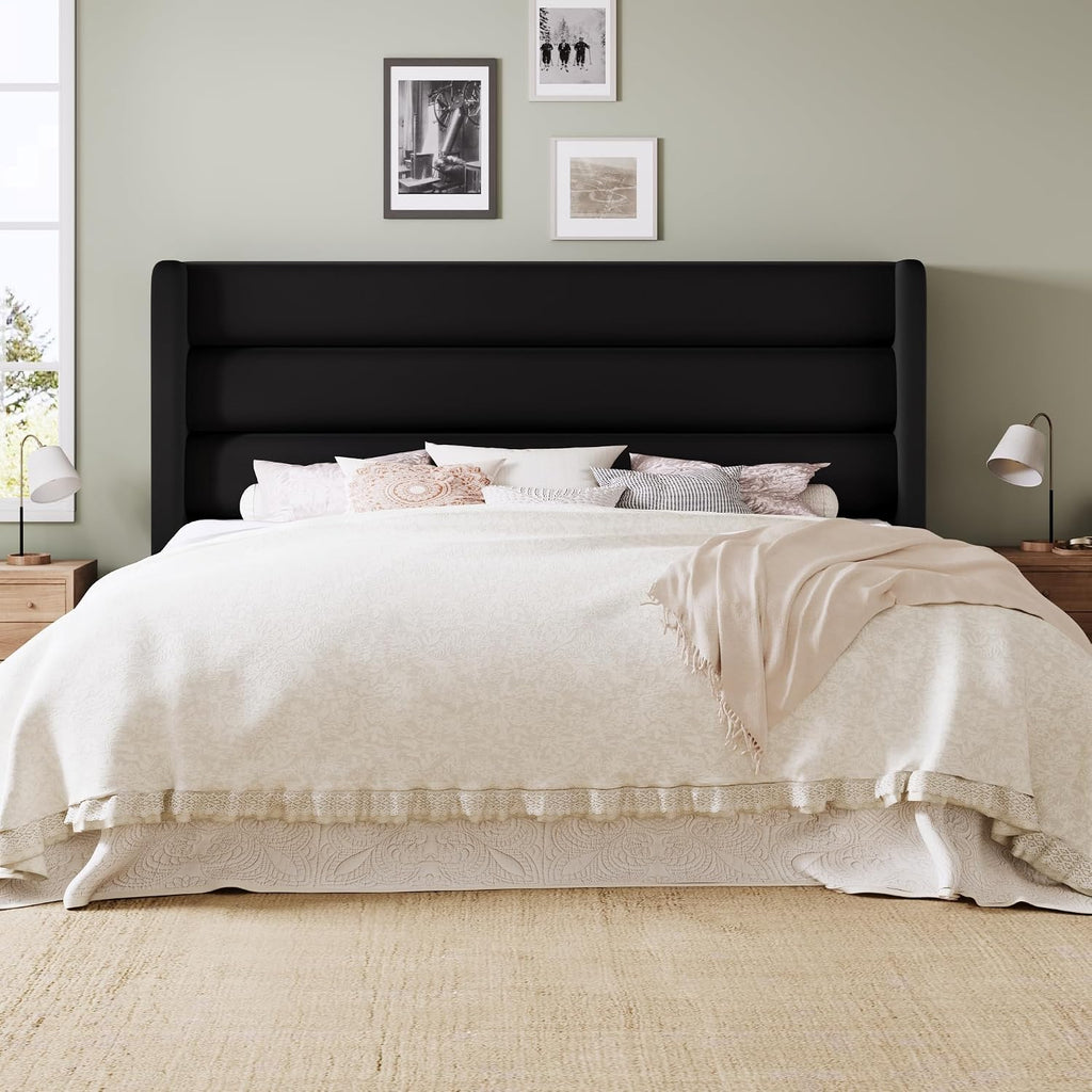 Allewie King Size Platform Bed Frame with Velvet Upholstered Wingback Headboard, No Box Spring Needed, Under Bed Storage Space, Strong Wooden Slats, Modern Mattress Foundation, Easy Assembly, Black