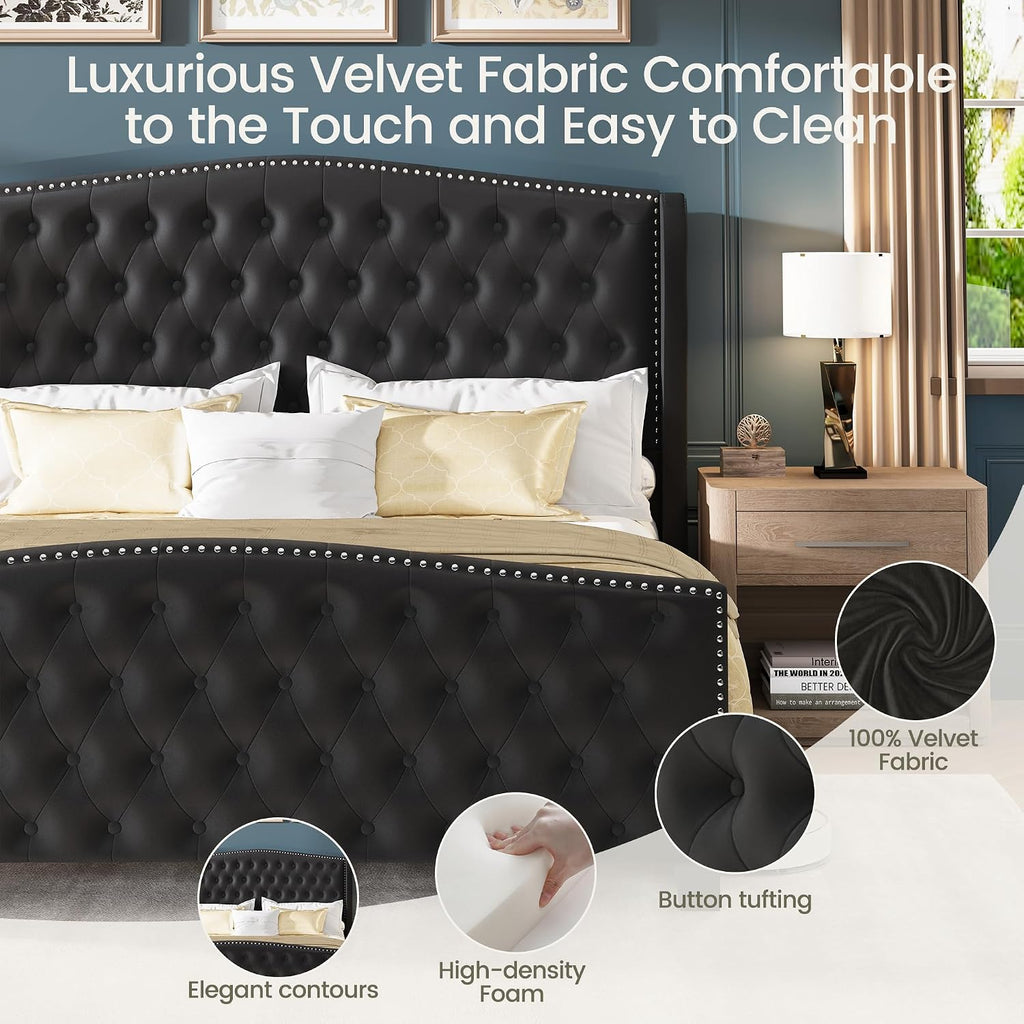 LARMACE King Size Bed Frame Velvet Upholstered Platform Bed with Wingback Headboard & Footbaord, Deep Button Tufted Bed Frame with Wood Slats Support, No Box Spring Needed, Black