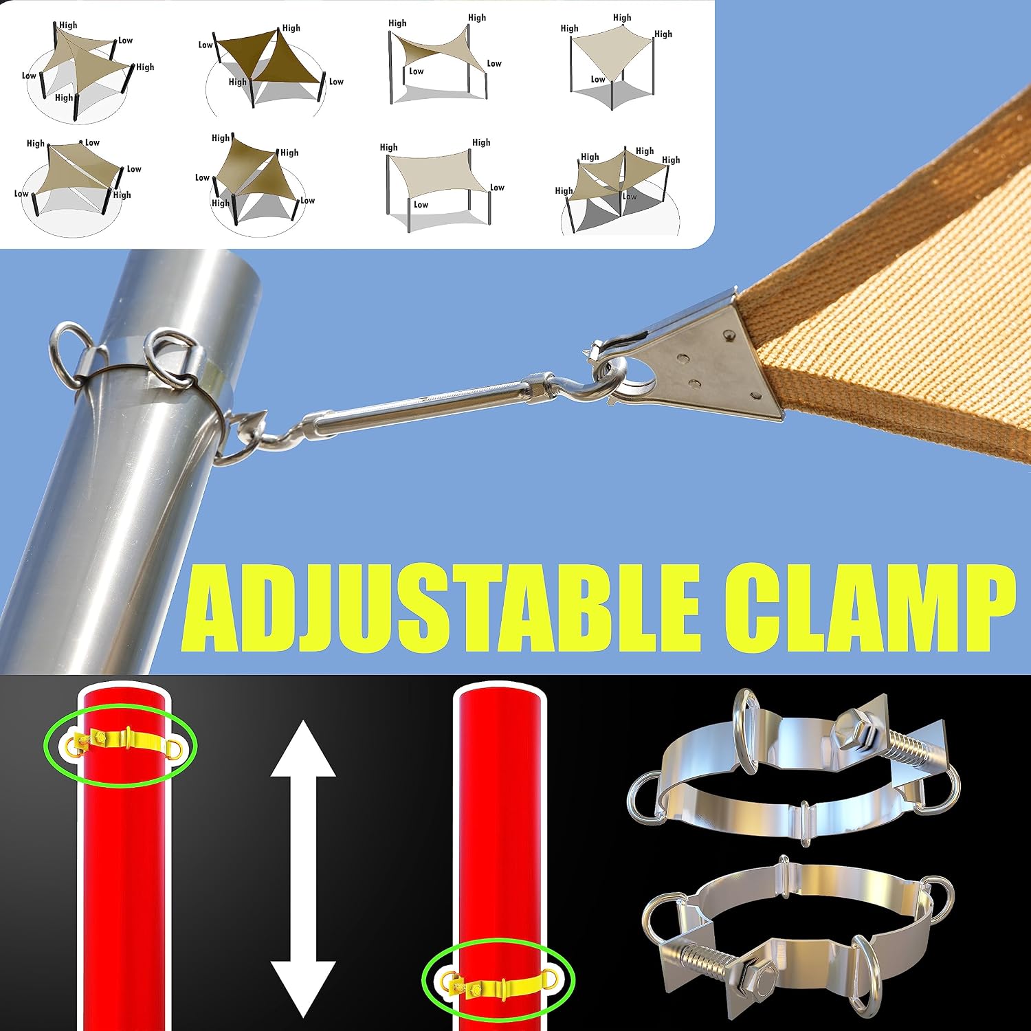 Amgo 8ft Pole Stainless Steel, Heavy Duty with Base Plate & Height Adjustable Mounting Clamp T - Easy Installation Shade Sail Canopy Post, Fence Post, Flagpole, Sign Post - Outdoor, Garden, Backyard
