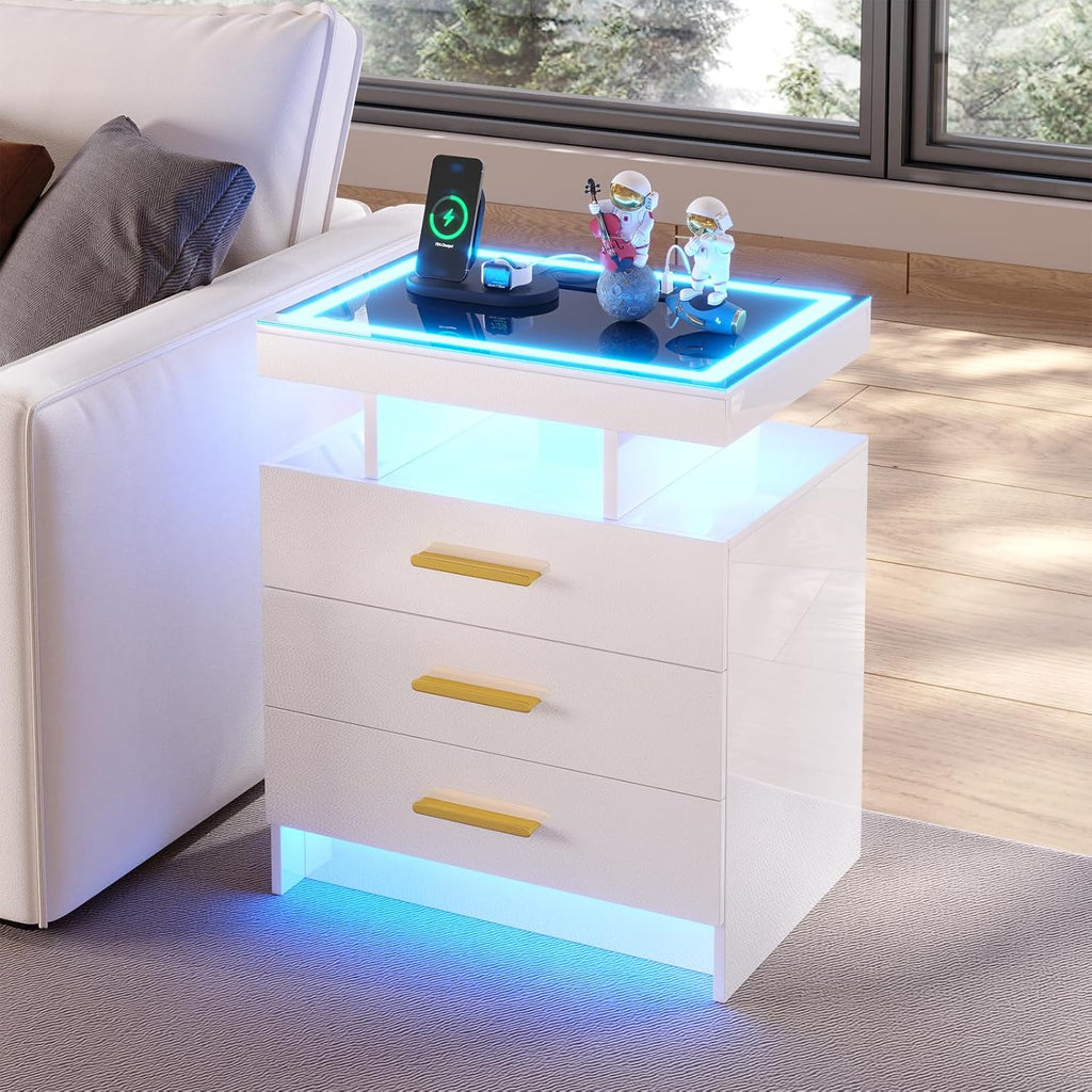 HNEBC LED Nightstand with Charging Station,Smart Bedside Table with Motion Sensor Lights,3 Drawers,Tempered Glass Top,High Gloss End Table with 3 Color Lights for Bedroom, Living Room,Office-White