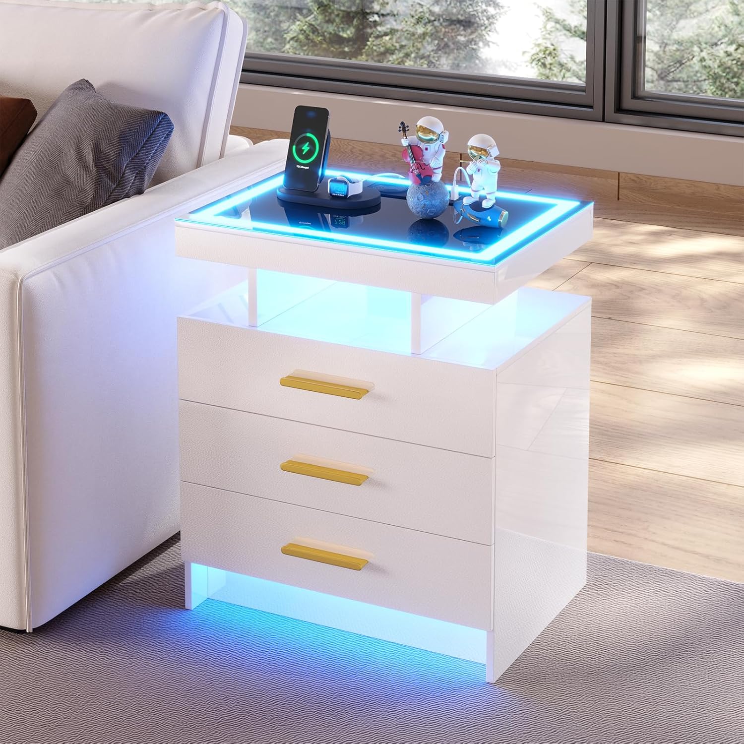 HNEBC LED Nightstand with Charging Station,Smart Bedside Table with Motion Sensor Lights,3 Drawers,Tempered Glass Top,High Gloss End Table with 3 Color Lights for Bedroom, Living Room,Office-White