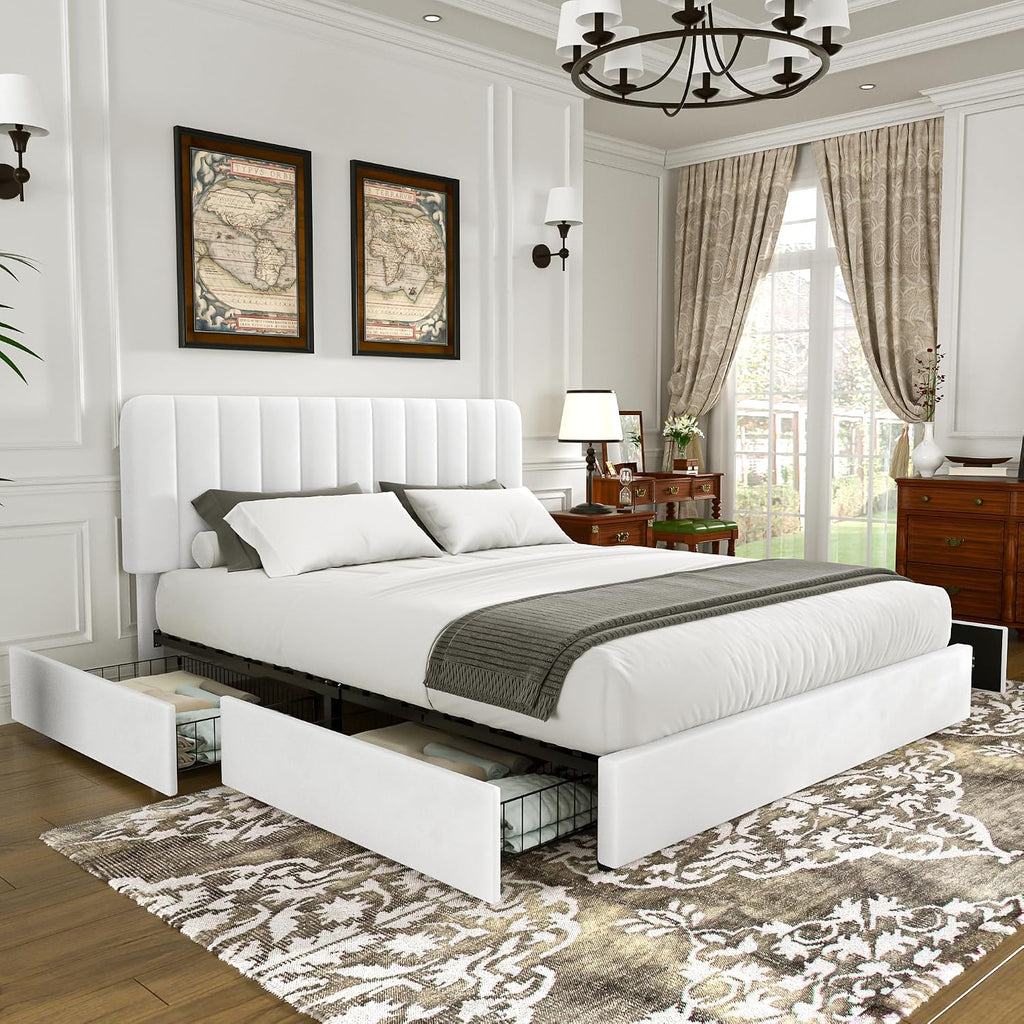 VECELO Queen Size Upholstered Bed Frame with 4 Drawers and Headboard, Velvet Platform Storage Bedframe, Wooden Slats Support, No Box Spring Needed,White