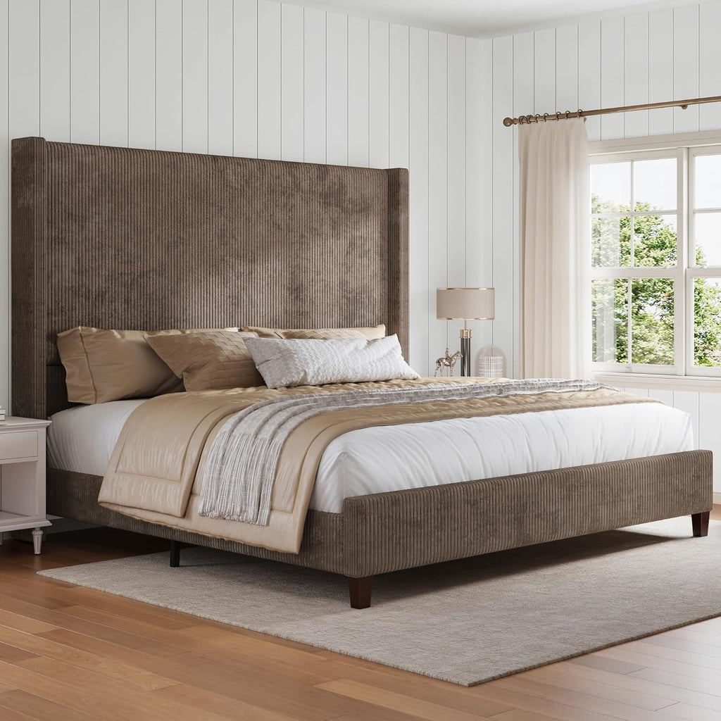 HOWE Queen Bed Frame with 61.4' Extra Tall Headboard, Corduroy Upholstered Bed with Vertical Wingback Headboard, No Box Spring Needed/Noise Free/Solid Wood Slats/Brown