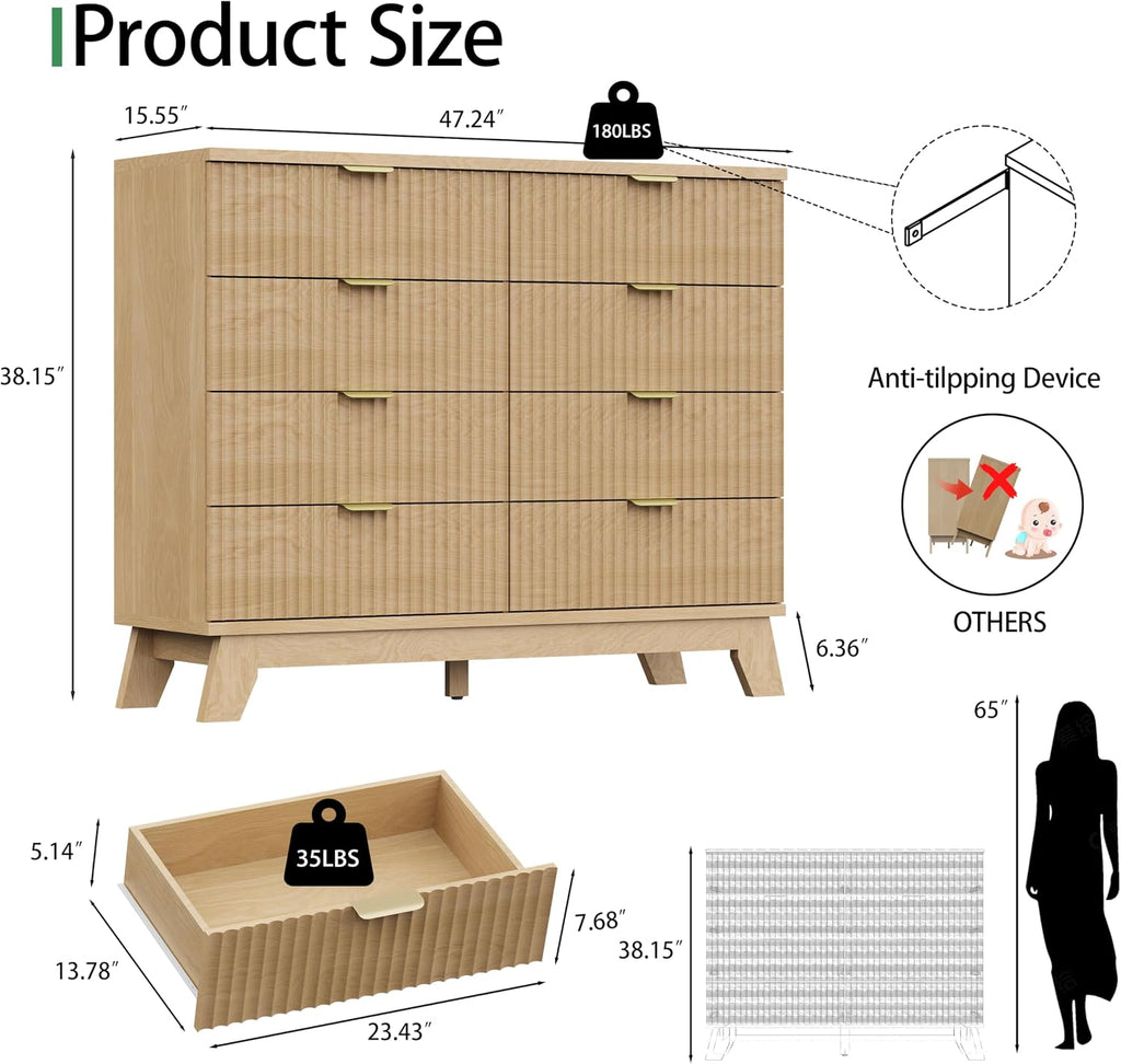 Fluted Dresser for Bedroom with 8 Drawers, 48' Wide Modern Chest of Drawers with Metal Handle, Wooden Dresser TV Stand, Wood Closet Clothes Storage Organizer for Living Room, Hallway, Natural Oak