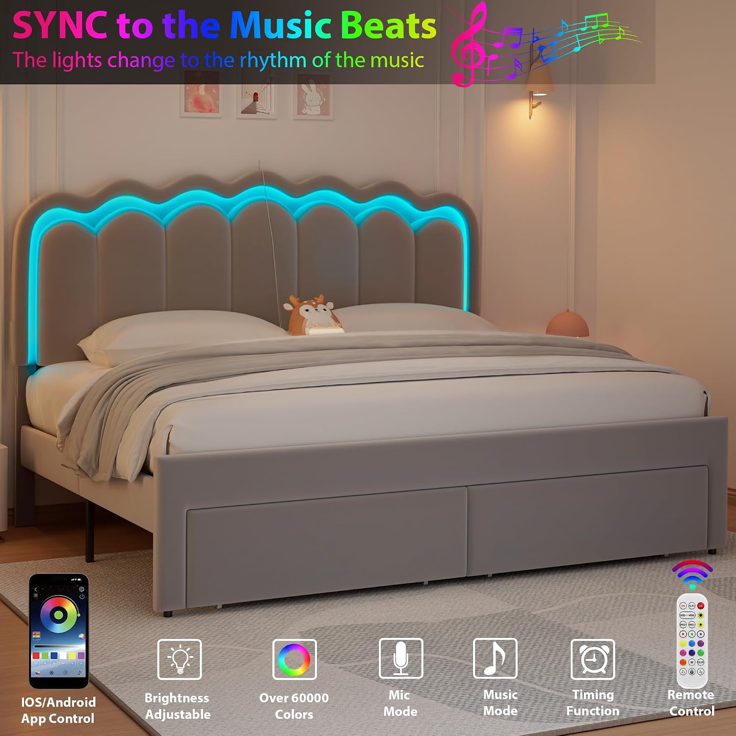King Upholstered LED Bed Frame with 2 Storage Drawers and Adjustable Chic Double Wavy Headboard, Velvet Princess Platform Bed with Charing Station, Solid Wood Slats Support, No Box Spring Needed, Grey