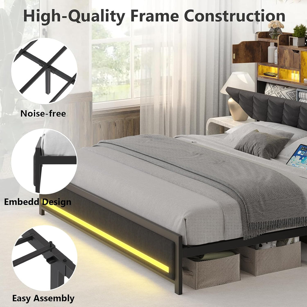 Dnxao King Size Bed Frame with Storage and Upholstered Headboard,Heavy Duty Metal Platform Bed with LED Lights,Charging Station & Hidden Shelves,Noise-Free,No Box Spring Needed,1200lbs,Gray