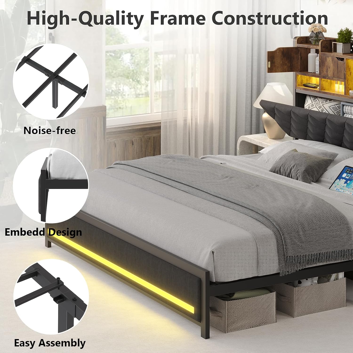 Dnxao King Size Bed Frame with Storage and Upholstered Headboard,Heavy Duty Metal Platform Bed with LED Lights,Charging Station & Hidden Shelves,Noise-Free,No Box Spring Needed,1200lbs,Gray