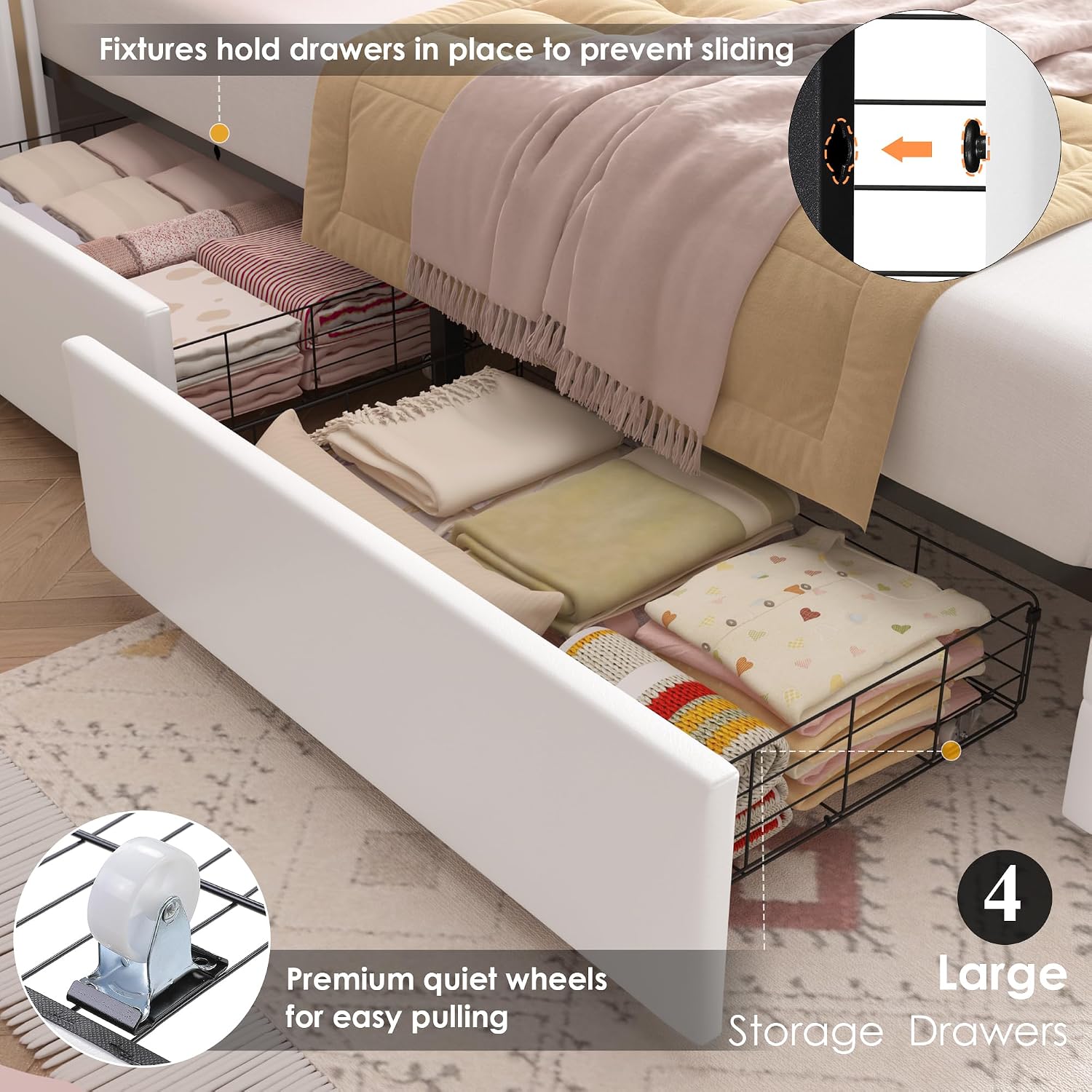 HIFIT Upholstered Twin LED Bed Frame with Crystal Button-Tufted Headboard & 4 Storage Drawer, Modern PU Princess Twin Size Platform Bed Frames for Kids/Girls, No Box Spring Needed/Easy Assembly, White