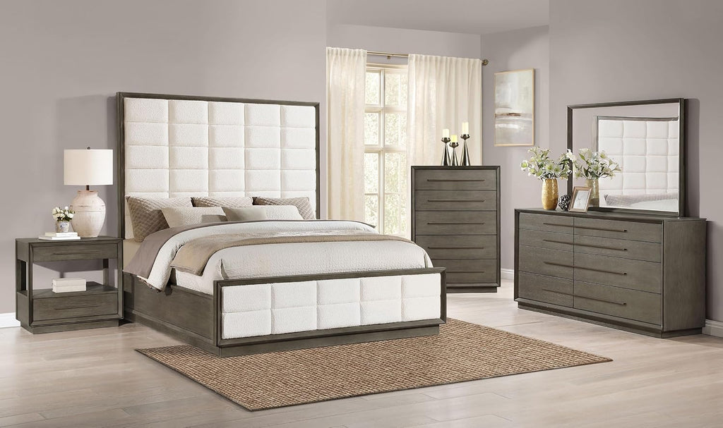 Coaster Home Furnishings Durango Transitional 5-Piece Bedroom Set Boucle Upholstered California King Size Panel Bed Frame 80-inch Headboard Washed Oak 223271KW-S5