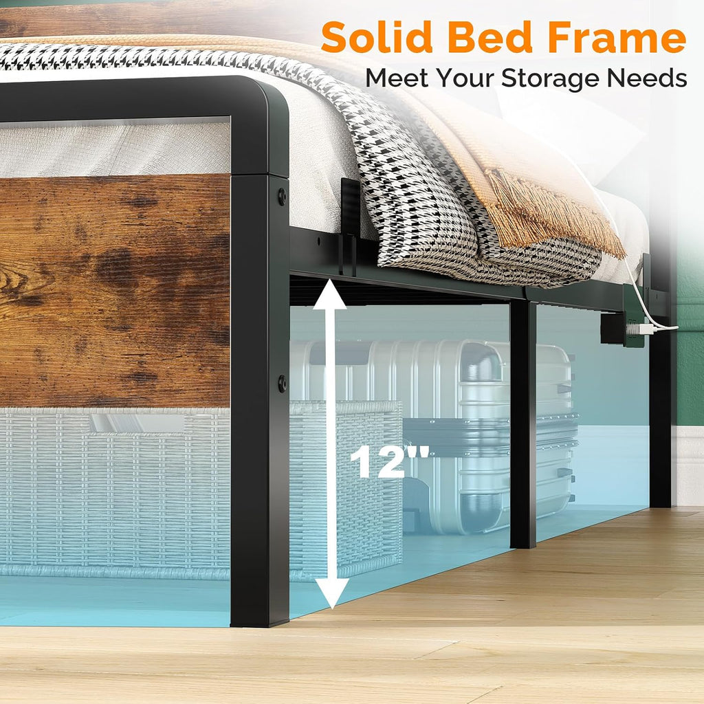 VINGLI Twin Bed Frame Set of 2 with LED Headboard & Footboard, USB Charging Station, Metal Single Platform with 12-Inch Under Bed Storage Space for Dorm Bedroom Kids Teen Guest Room, Industrial Brown